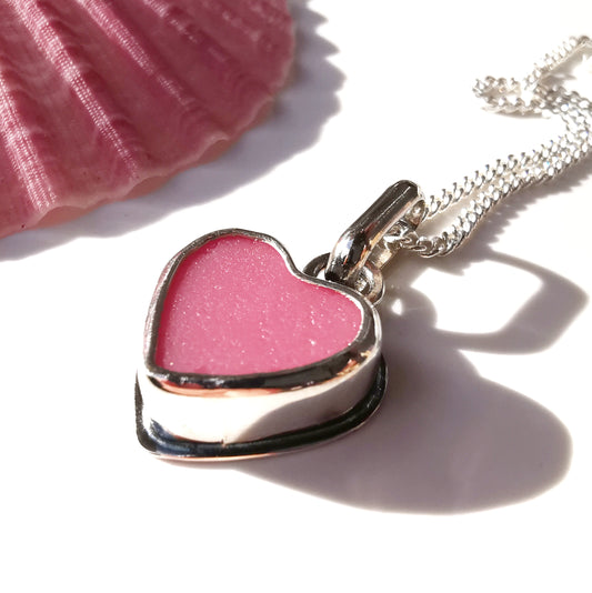 Pink sea glass heart & sterling silver pendant.