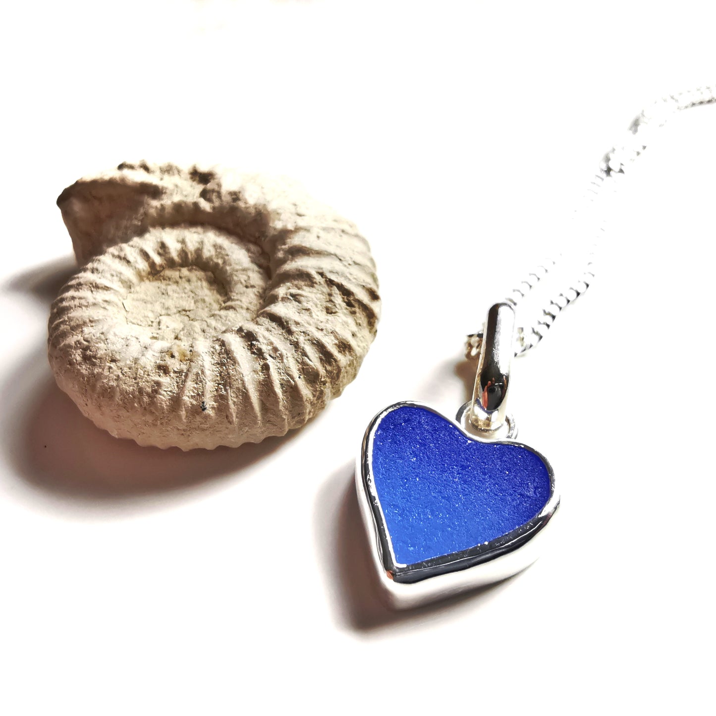 Blue sea glass heart &amp; sterling silver pendant.