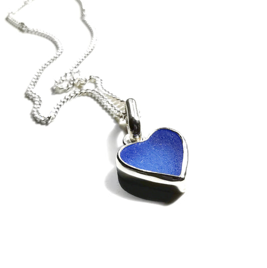 Blue sea glass heart &amp; sterling silver pendant.