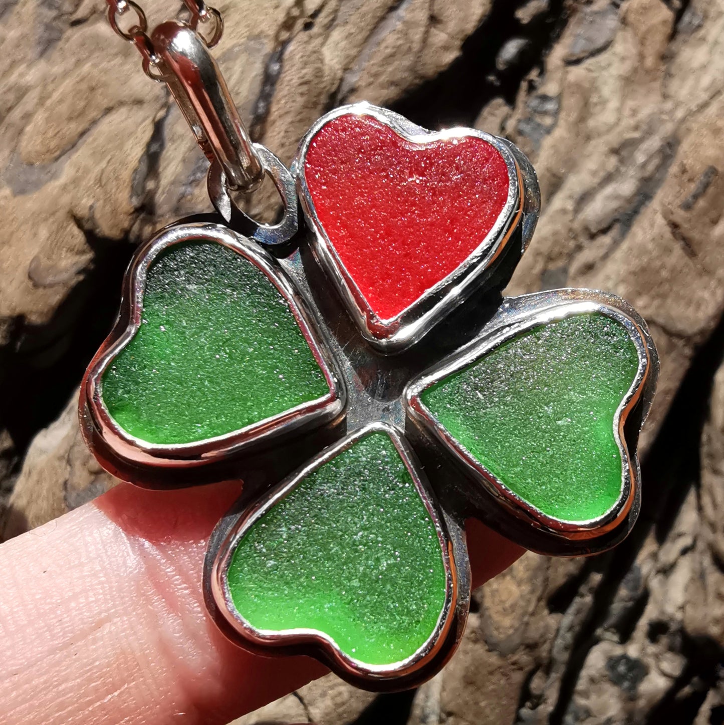 Four leaf clover, sea glass hearts & sterling silver pendant.