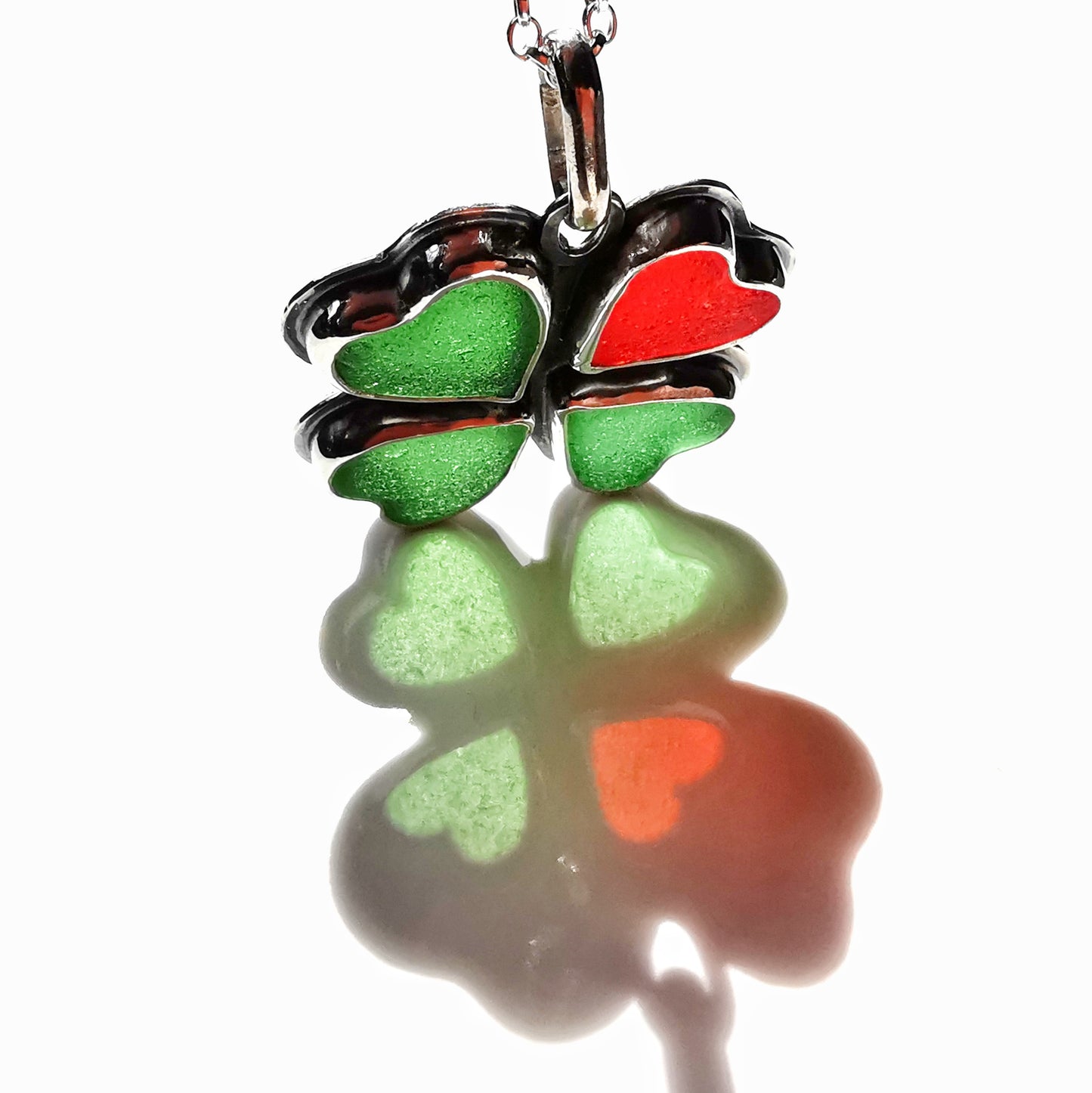 Four leaf clover, sea glass hearts & sterling silver pendant.