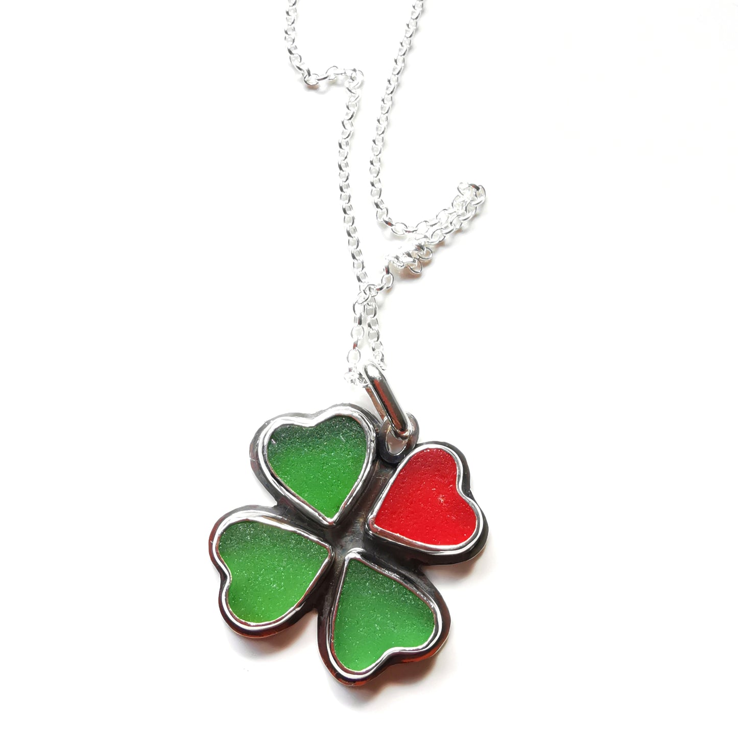 Four leaf clover, sea glass hearts & sterling silver pendant.