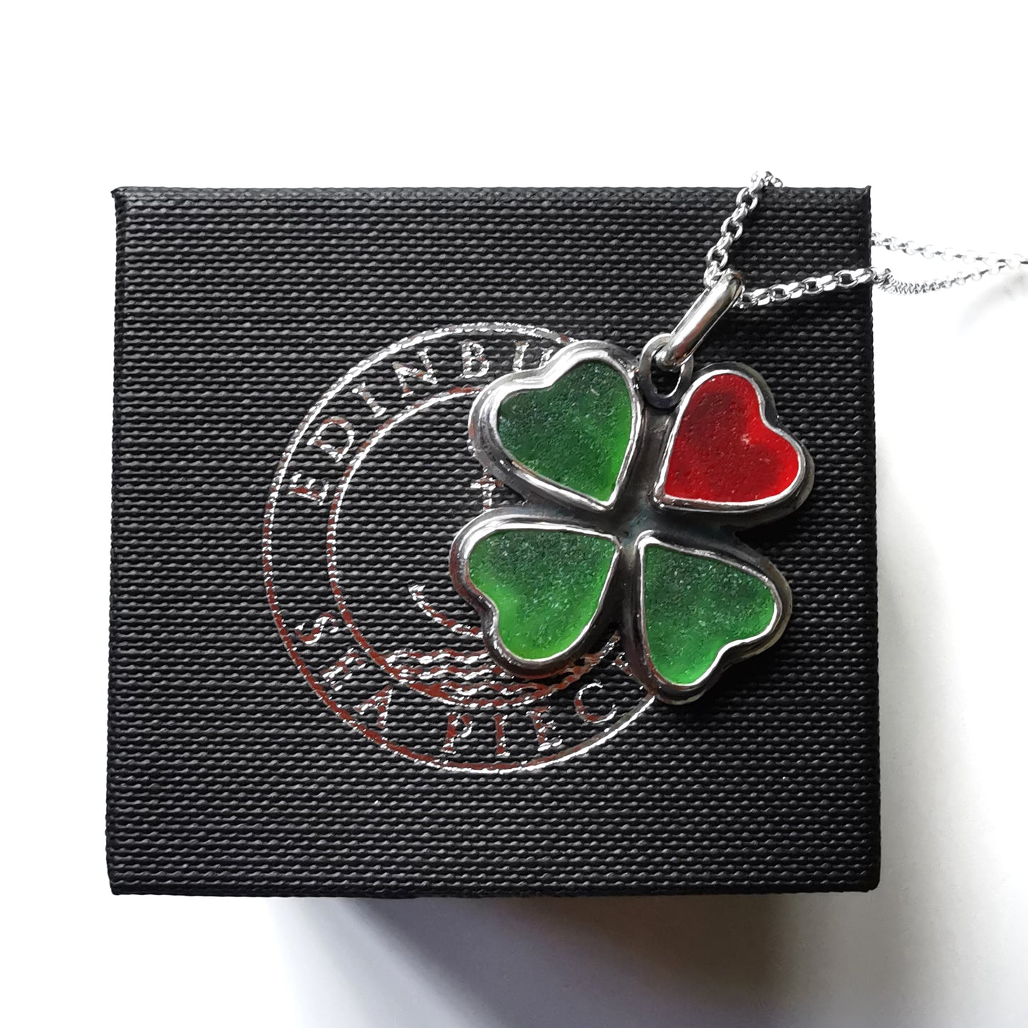 Four leaf clover, sea glass hearts & sterling silver pendant.
