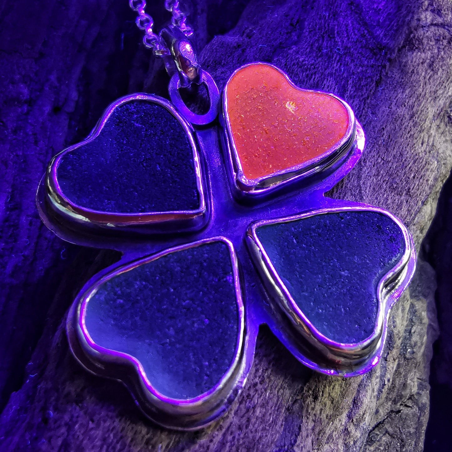 Four leaf clover, sea glass hearts & sterling silver pendant.