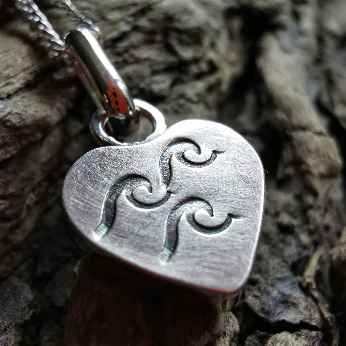 Scottish beach pottery necklace -blue and white chevron pattern, sterling silver heart pendant.