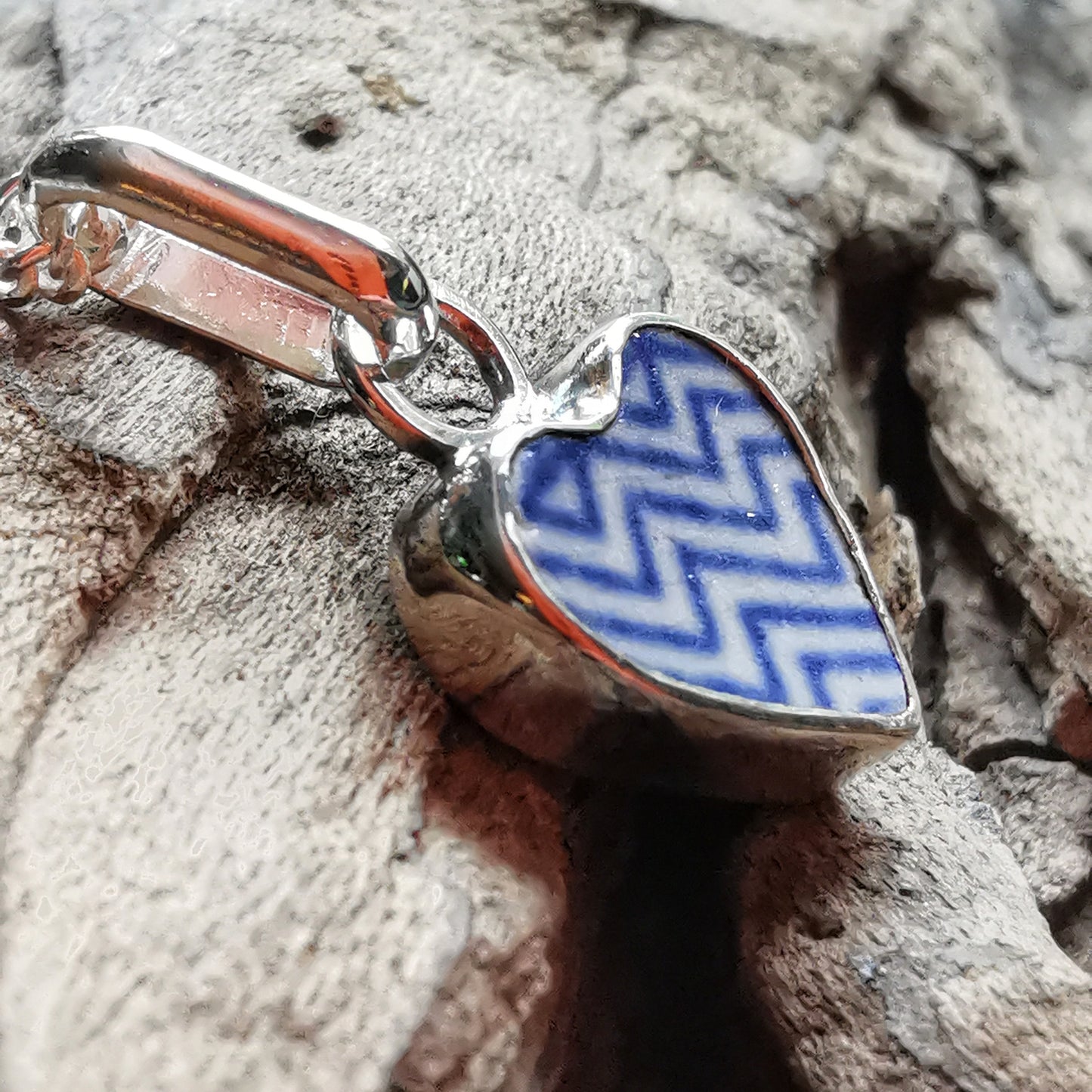 Scottish beach pottery necklace -blue and white chevron pattern, sterling silver heart pendant.