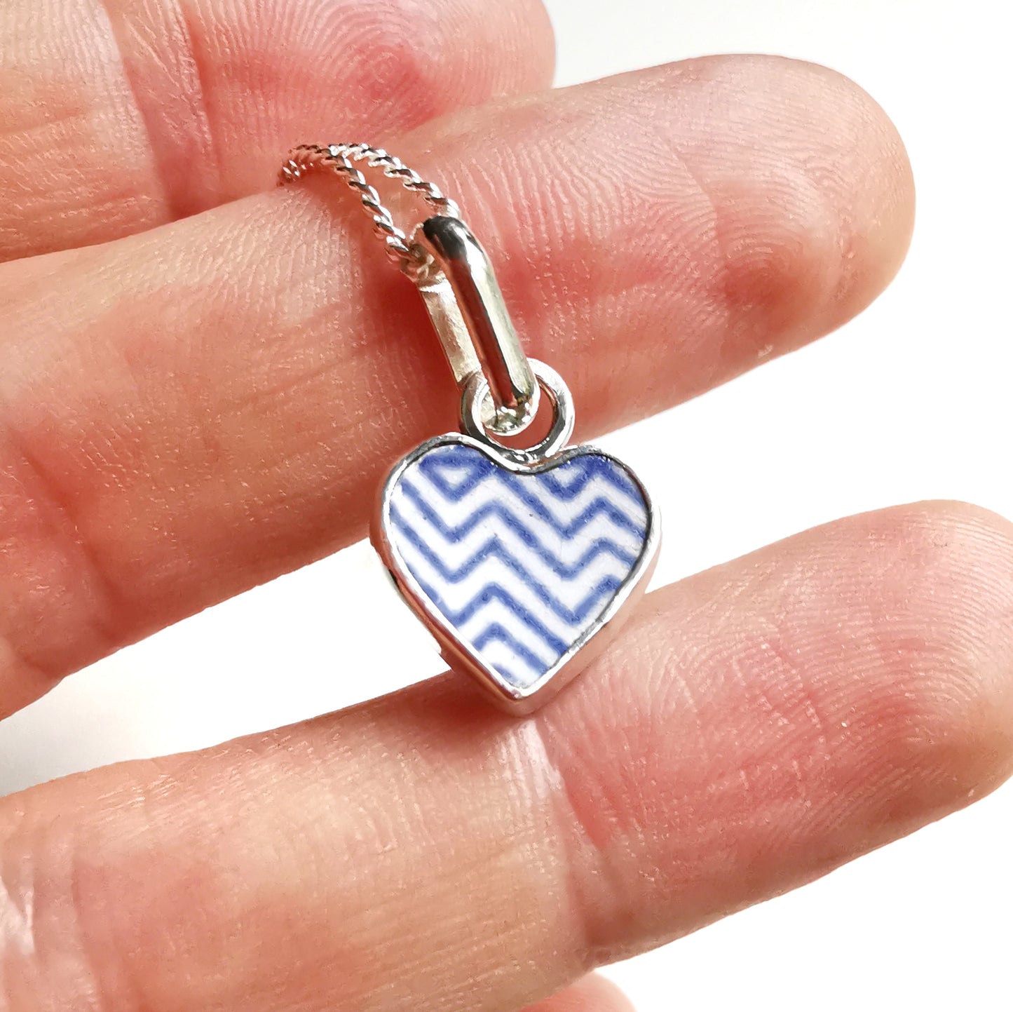 Scottish beach pottery necklace -blue and white chevron pattern, sterling silver heart pendant.