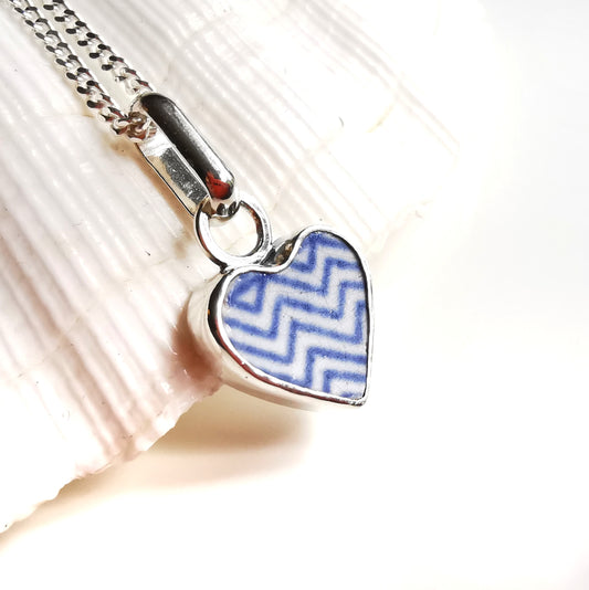 Scottish beach pottery necklace -blue and white chevron pattern, sterling silver heart pendant.