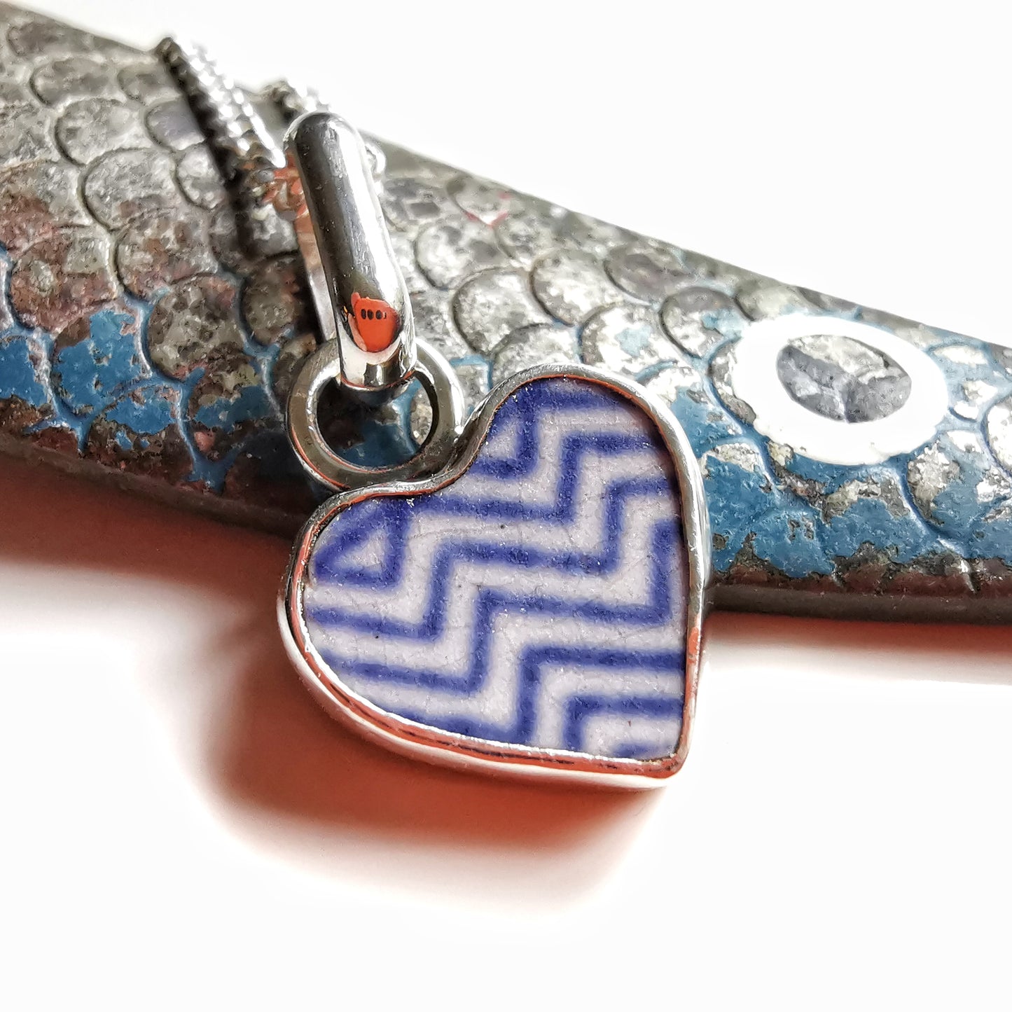 Scottish beach pottery necklace -blue and white chevron pattern, sterling silver heart pendant.