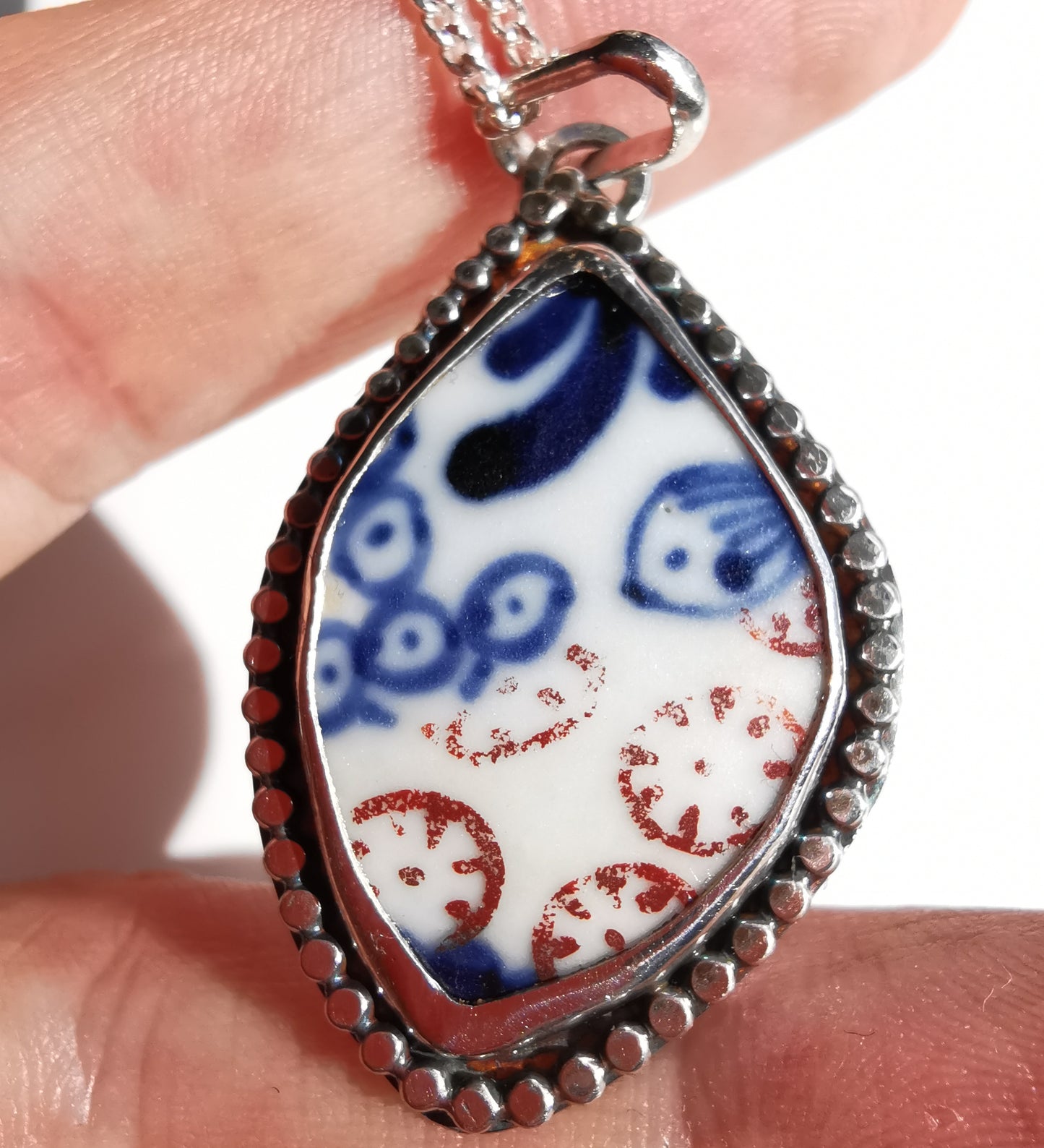 Scottish blue and white sea porcelain & sterling silver pendant.
