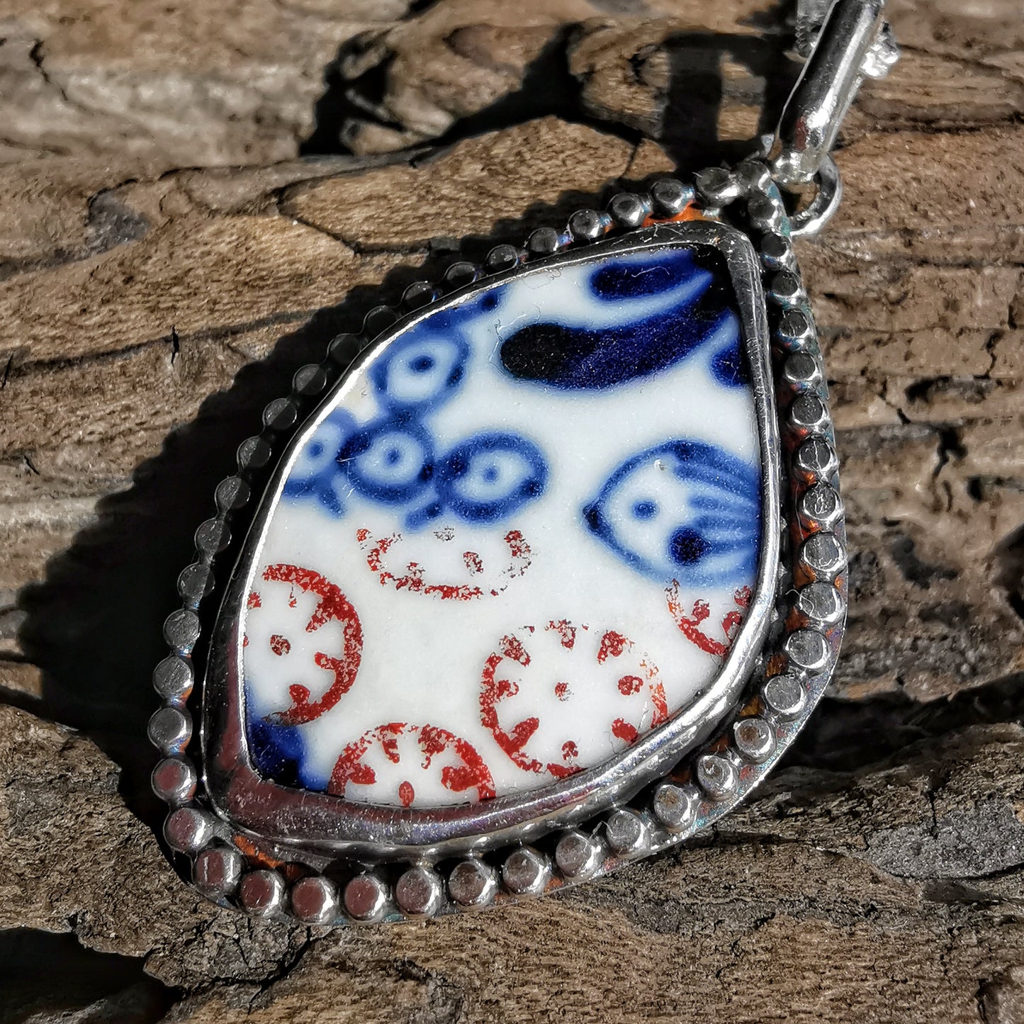 Scottish blue and white sea porcelain & sterling silver pendant.