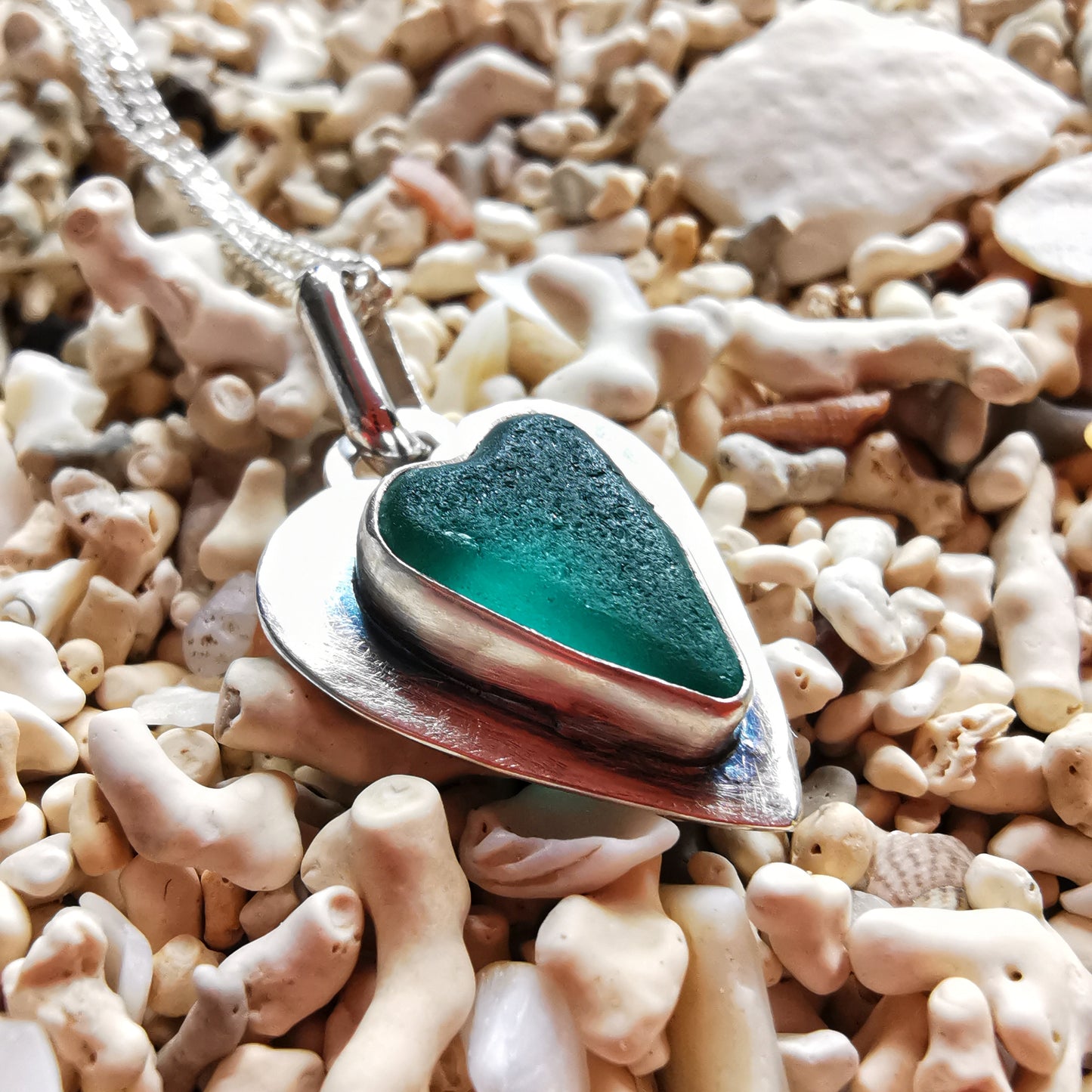 Scottish teal sea glass heart & sterling silver pendant.