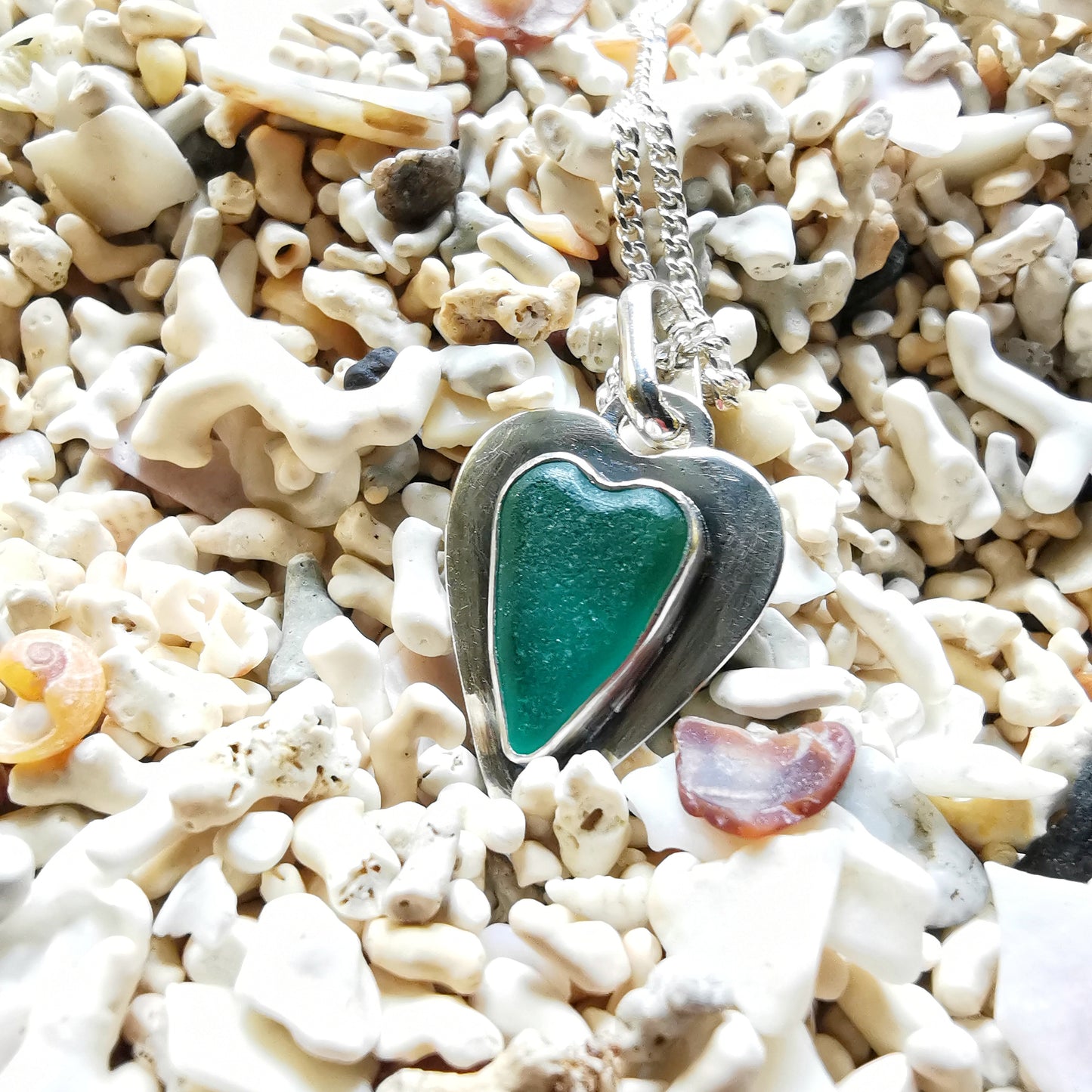 Scottish teal sea glass heart & sterling silver pendant.