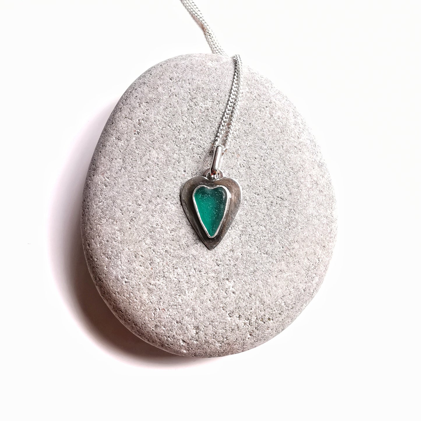 Scottish teal sea glass heart & sterling silver pendant.