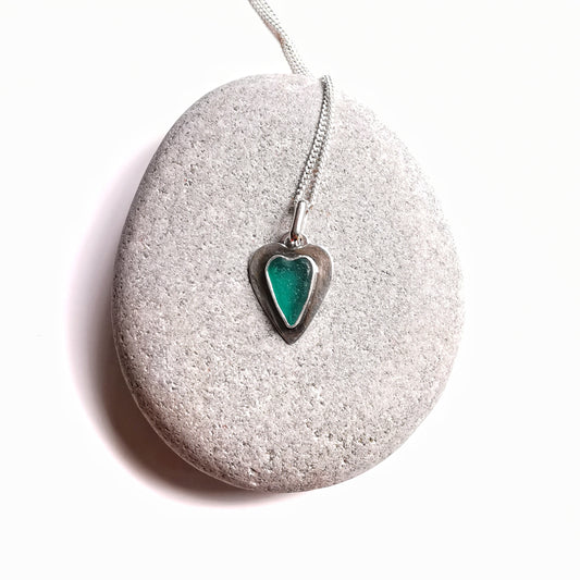 Scottish teal sea glass heart & sterling silver pendant.