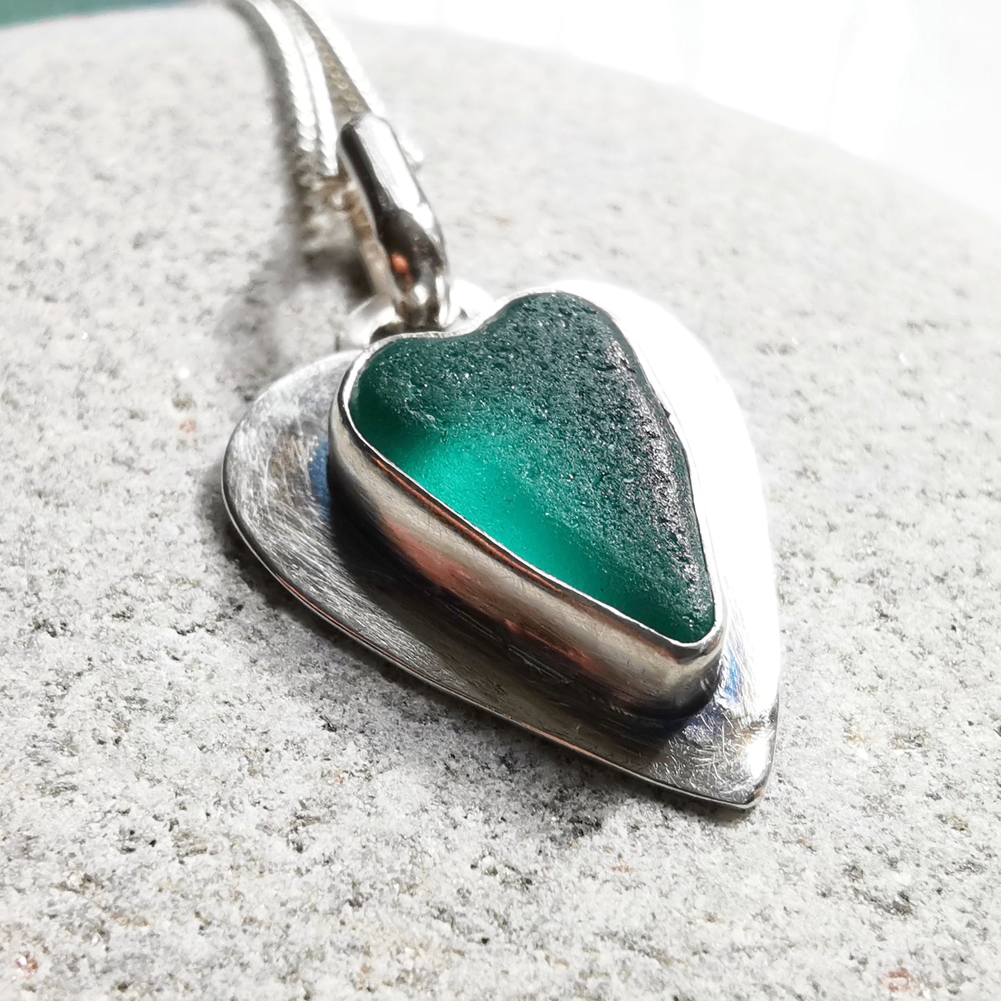 Scottish teal sea glass heart & sterling silver pendant.