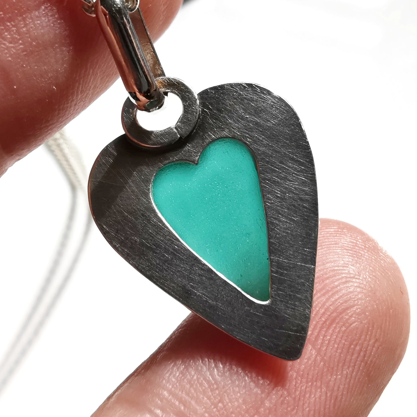 Scottish teal sea glass heart & sterling silver pendant.