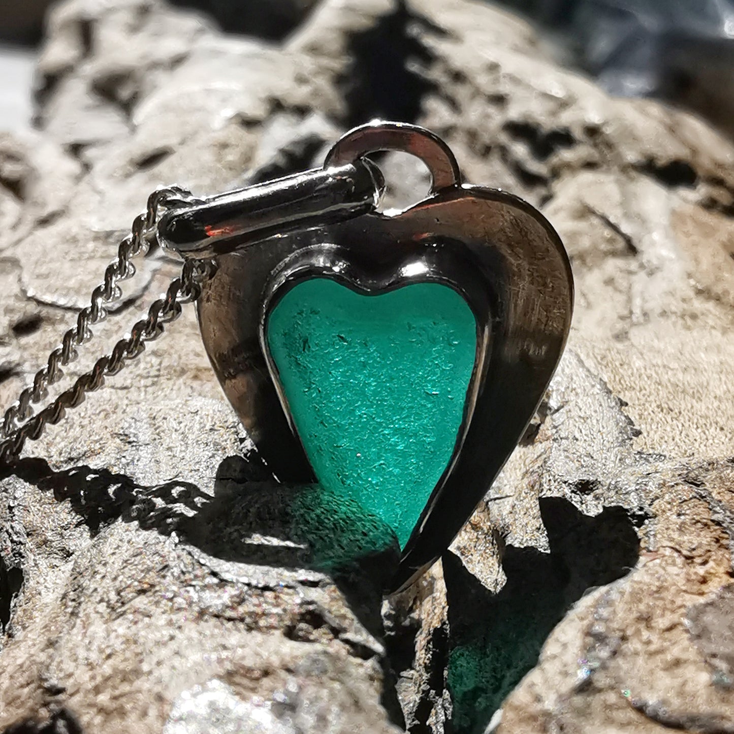 Scottish teal sea glass heart & sterling silver pendant.