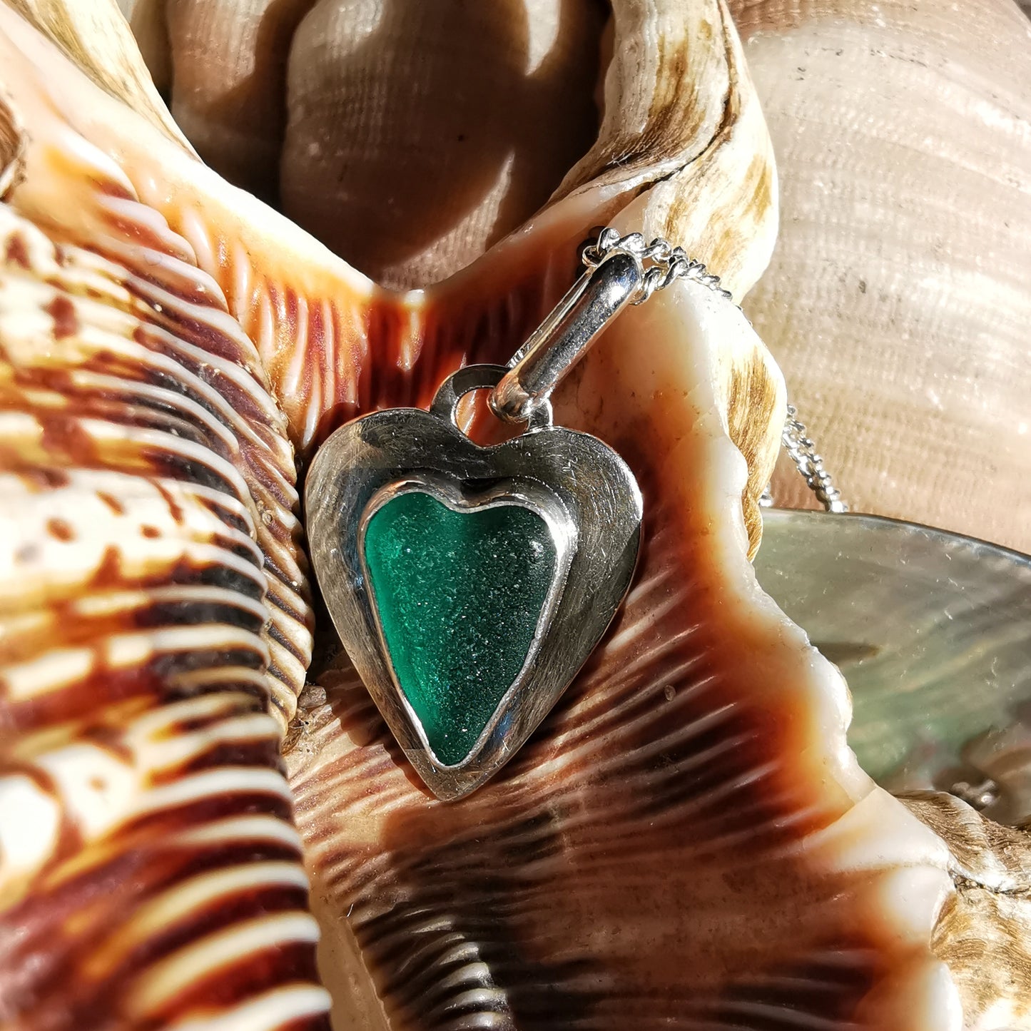 Scottish teal sea glass heart & sterling silver pendant.