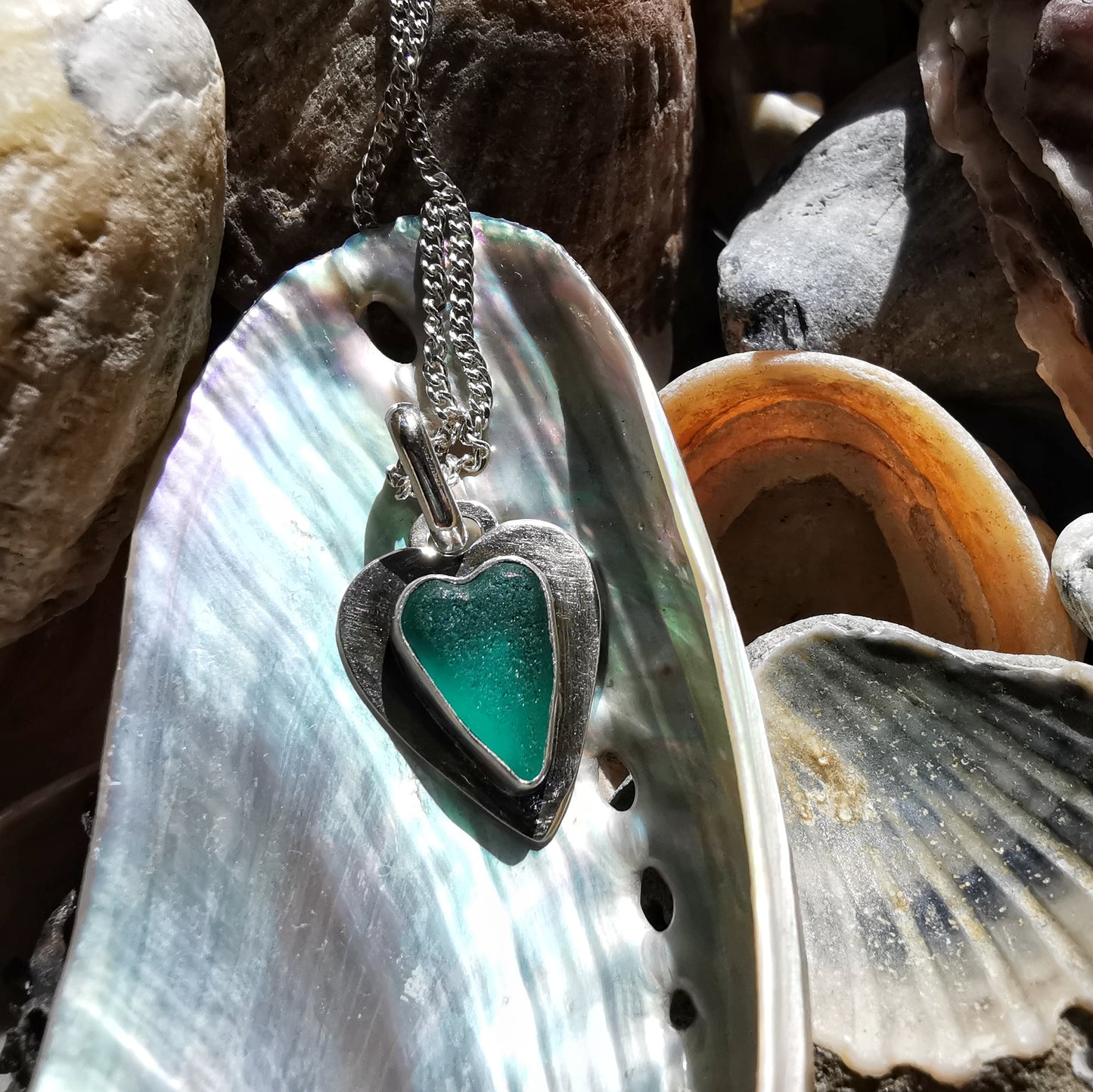 Scottish teal sea glass heart & sterling silver pendant.