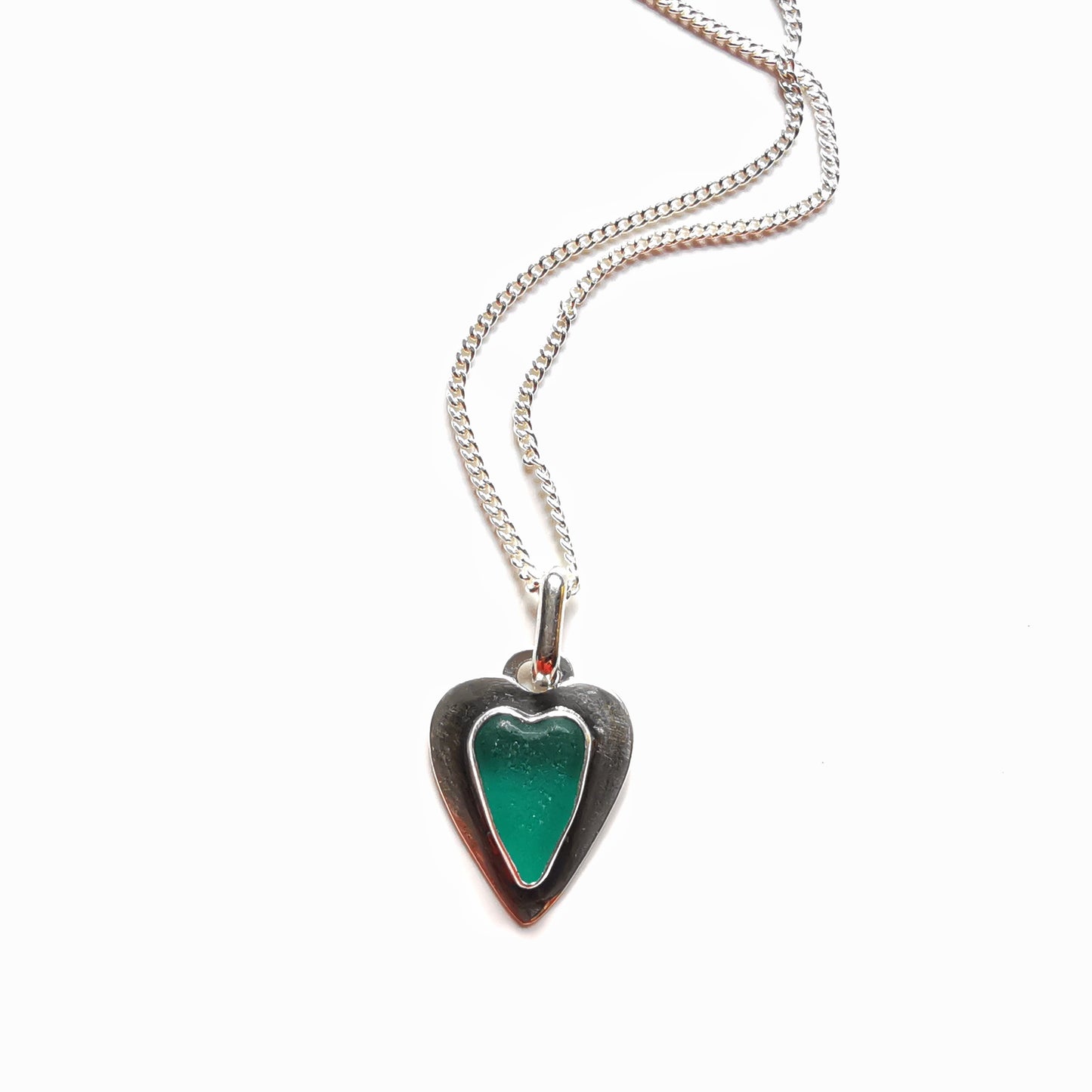 Scottish teal sea glass heart & sterling silver pendant.