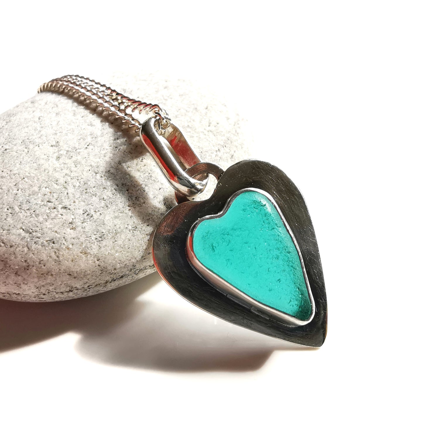 Scottish teal sea glass heart & sterling silver pendant.