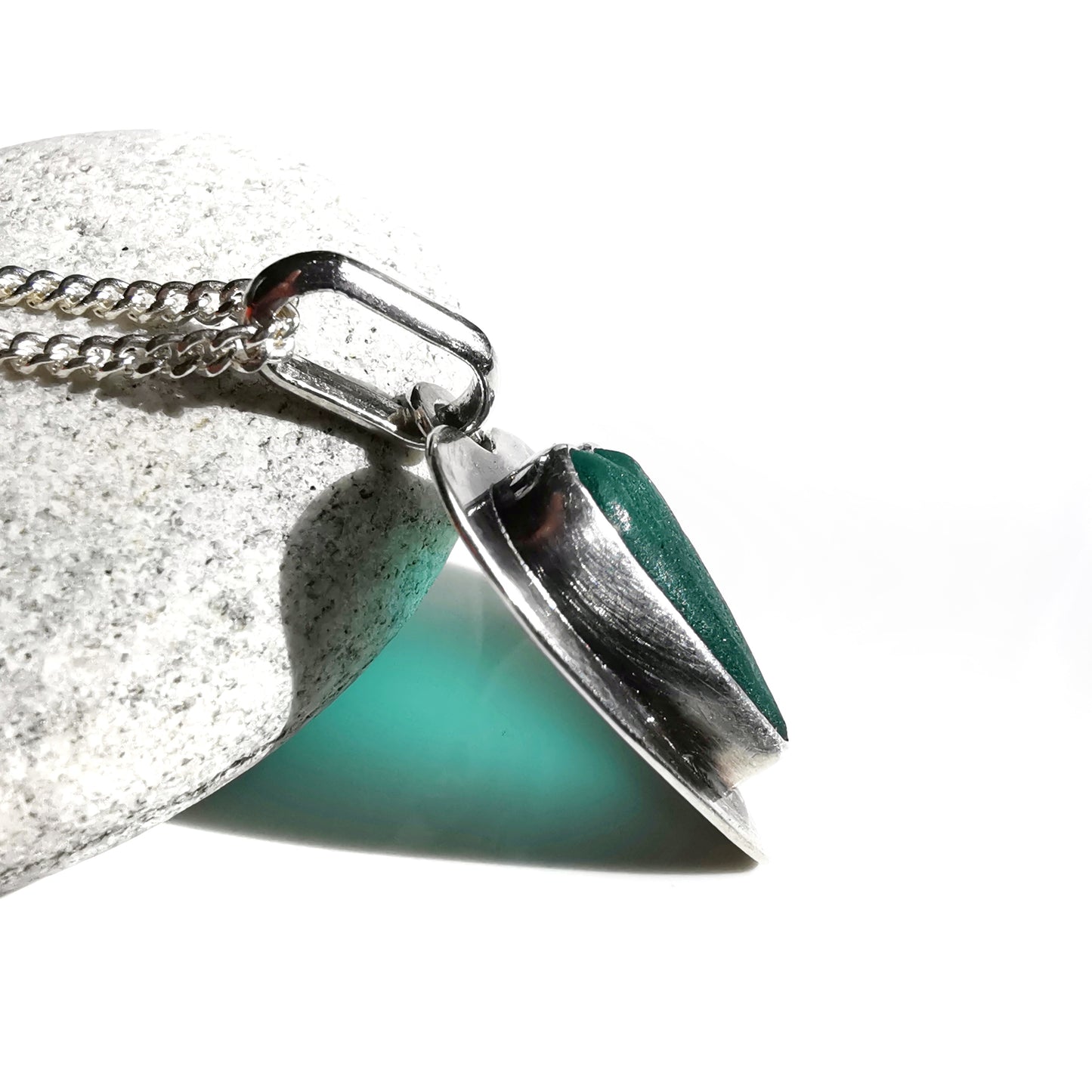 Scottish teal sea glass heart & sterling silver pendant.