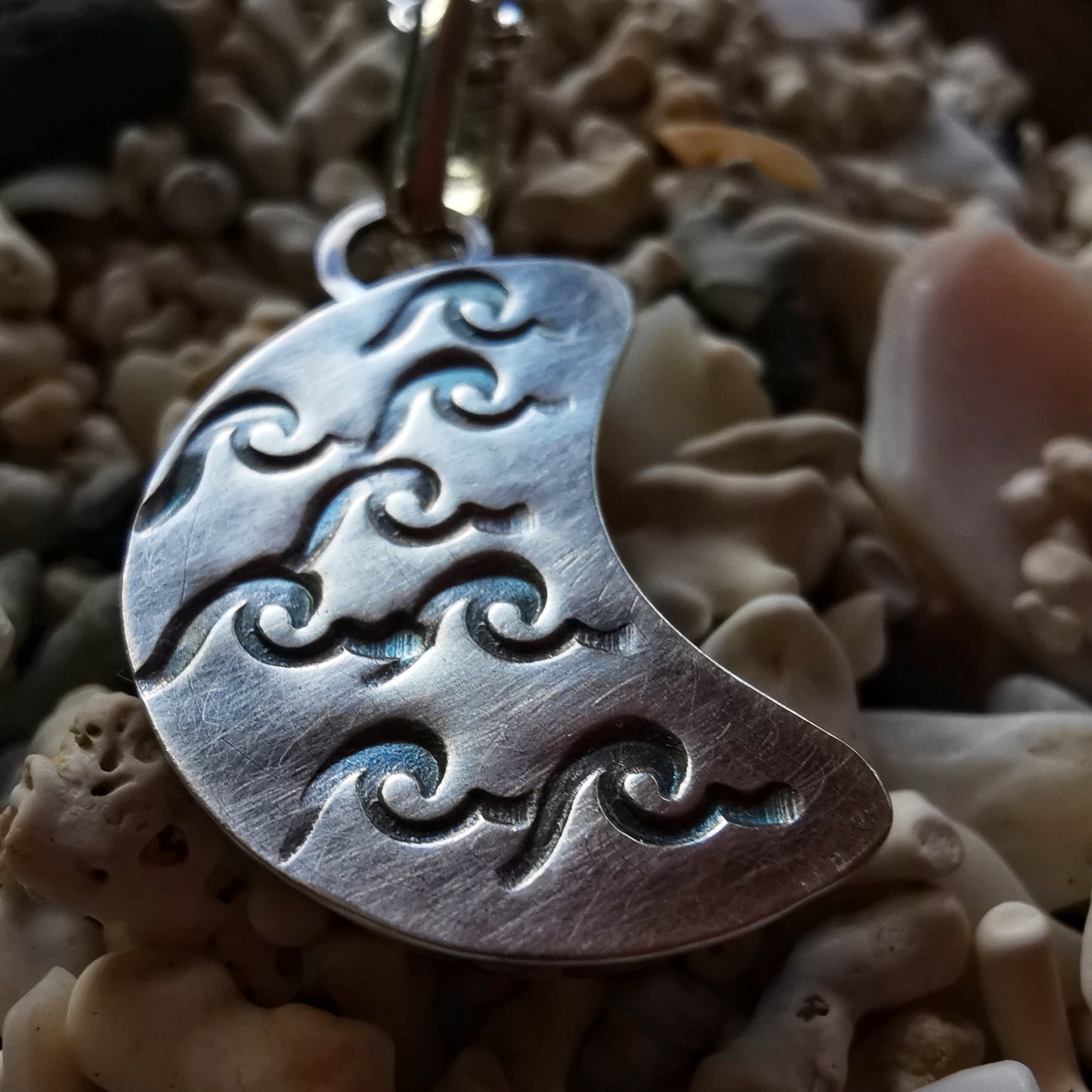 Aqua blue crescent moon sea glass & sterling silver pendant.