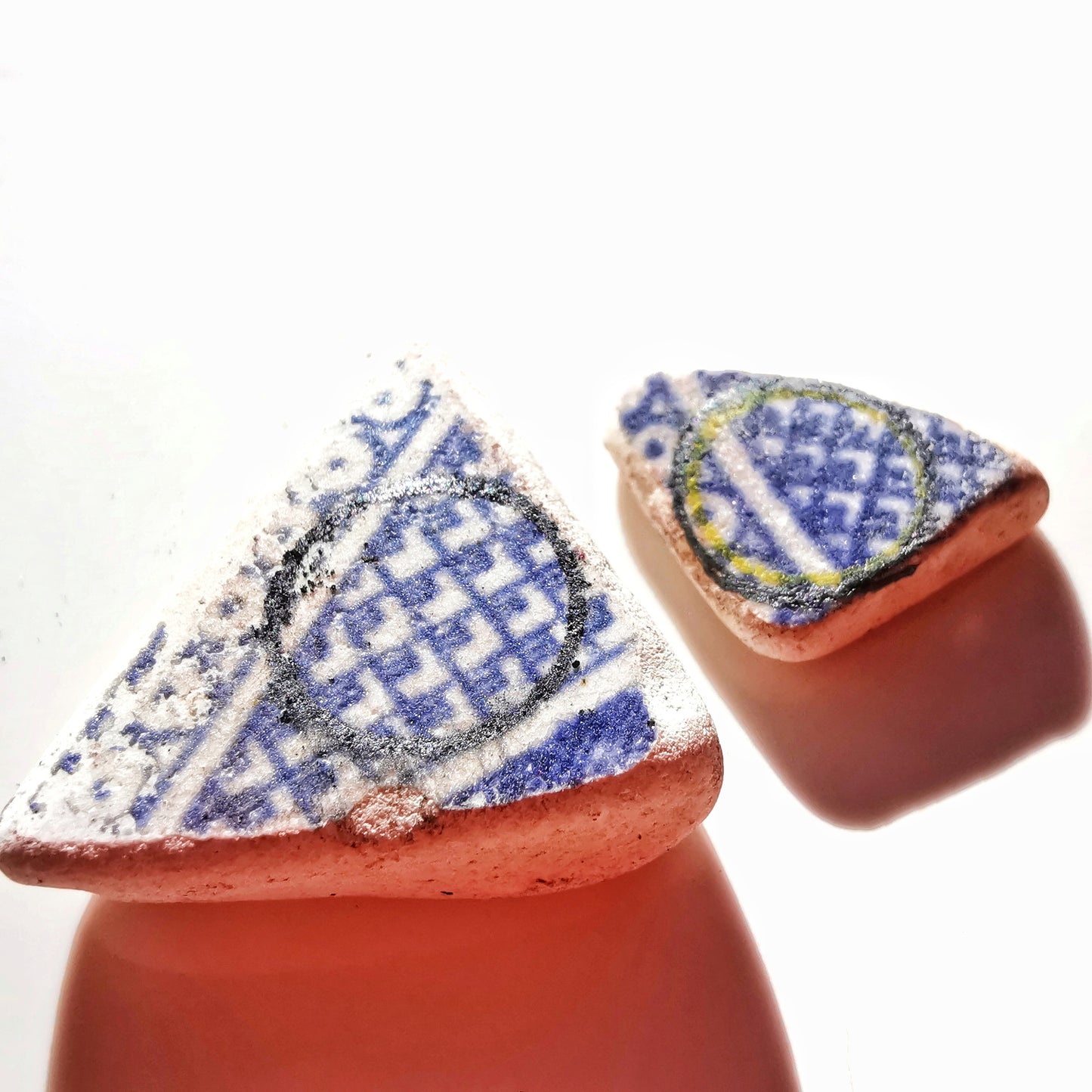 Scottish blue willow sea pottery & sterling silver stud earrings.