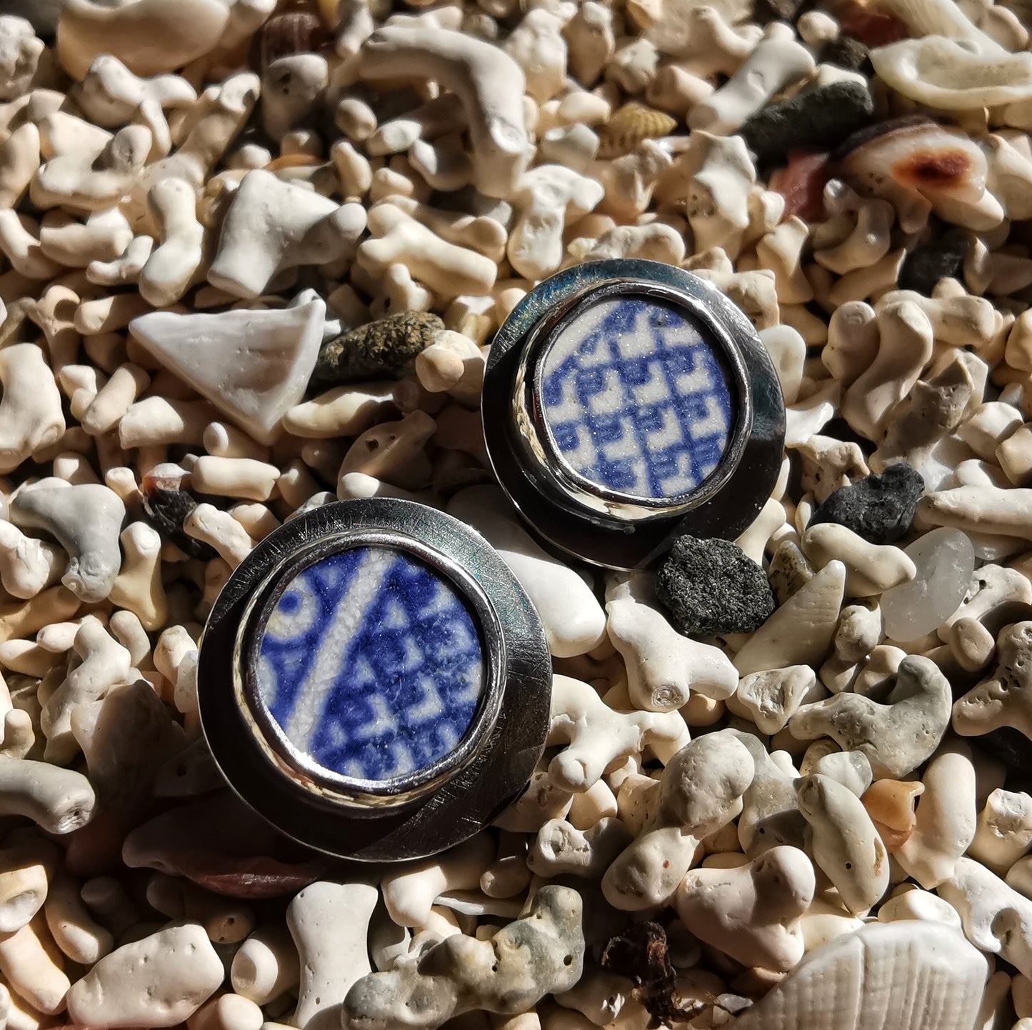 Scottish blue willow sea pottery & sterling silver stud earrings.