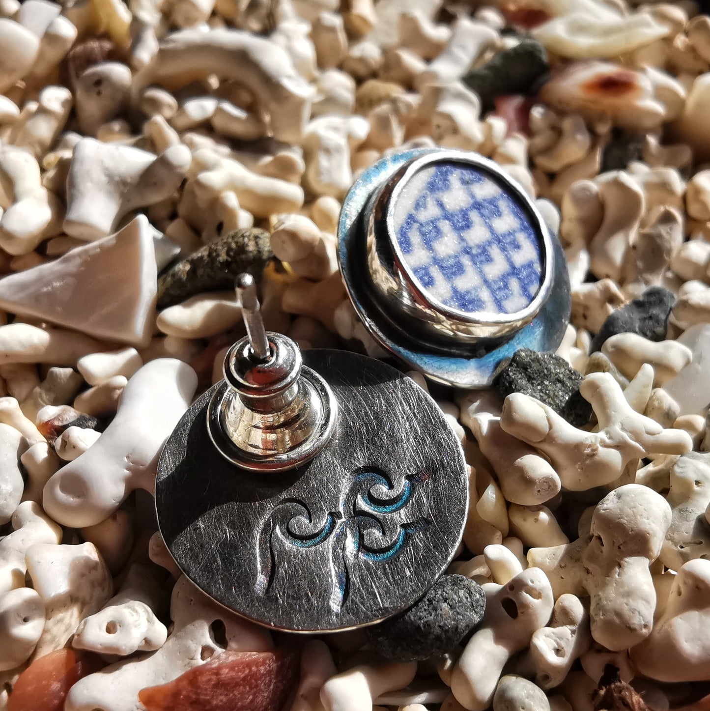 Scottish blue willow sea pottery & sterling silver stud earrings.