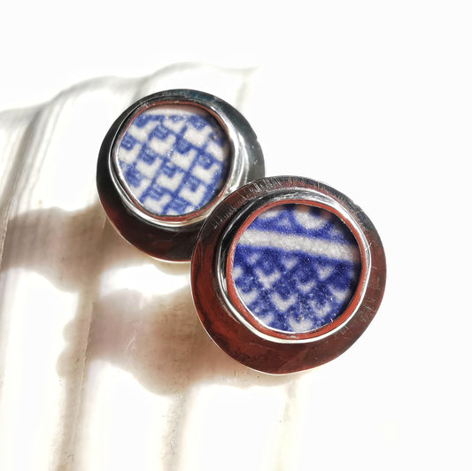 Scottish blue willow sea pottery & sterling silver stud earrings.