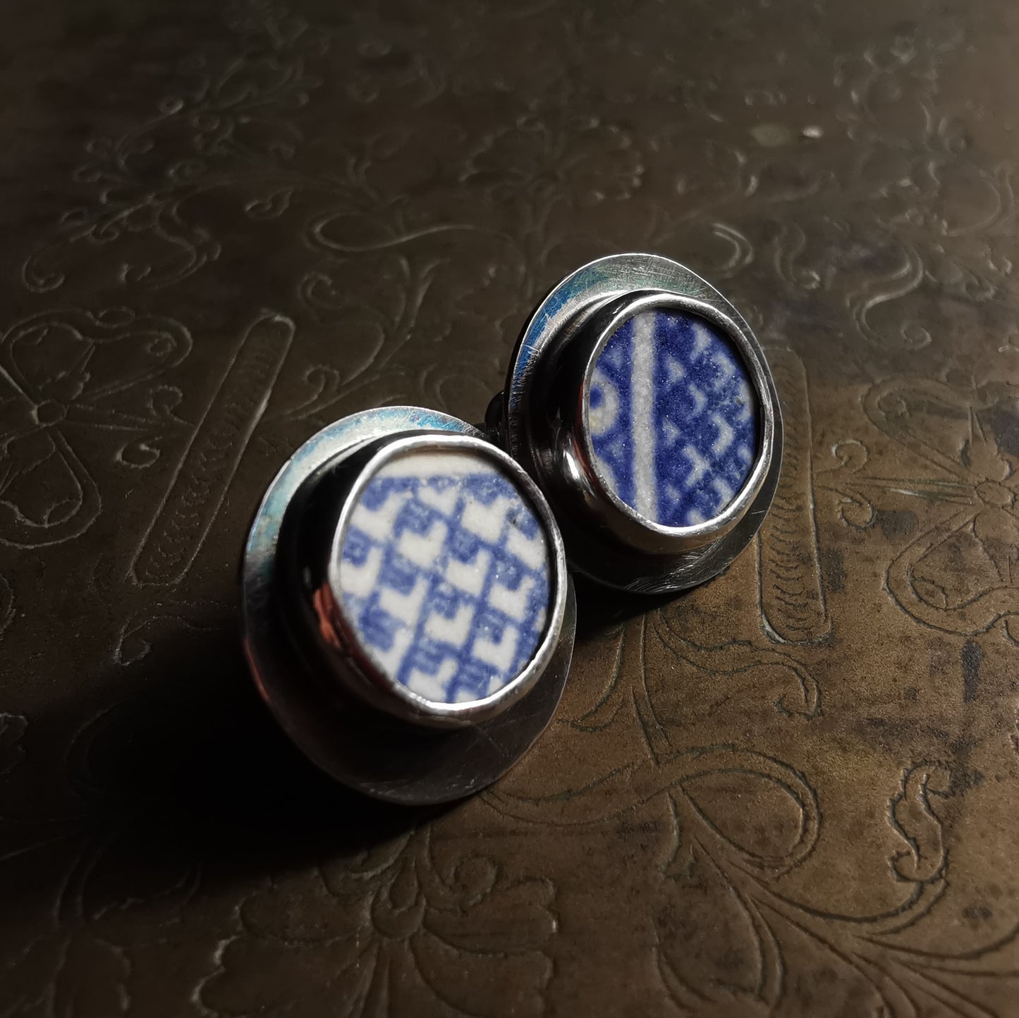 Scottish blue willow sea pottery & sterling silver stud earrings.