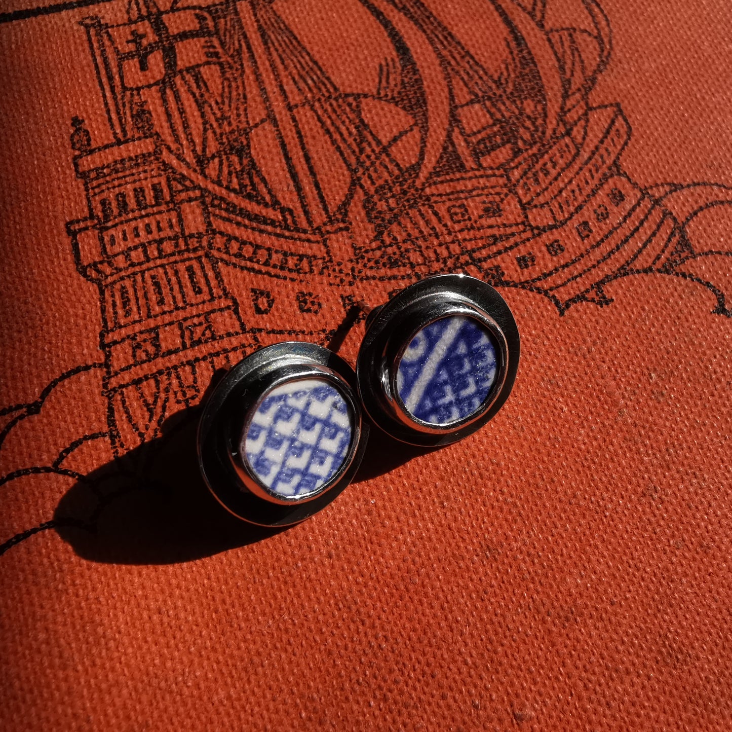 Scottish blue willow sea pottery & sterling silver stud earrings.