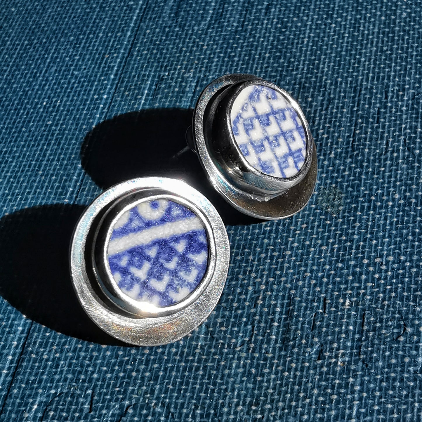 Scottish blue willow sea pottery & sterling silver stud earrings.