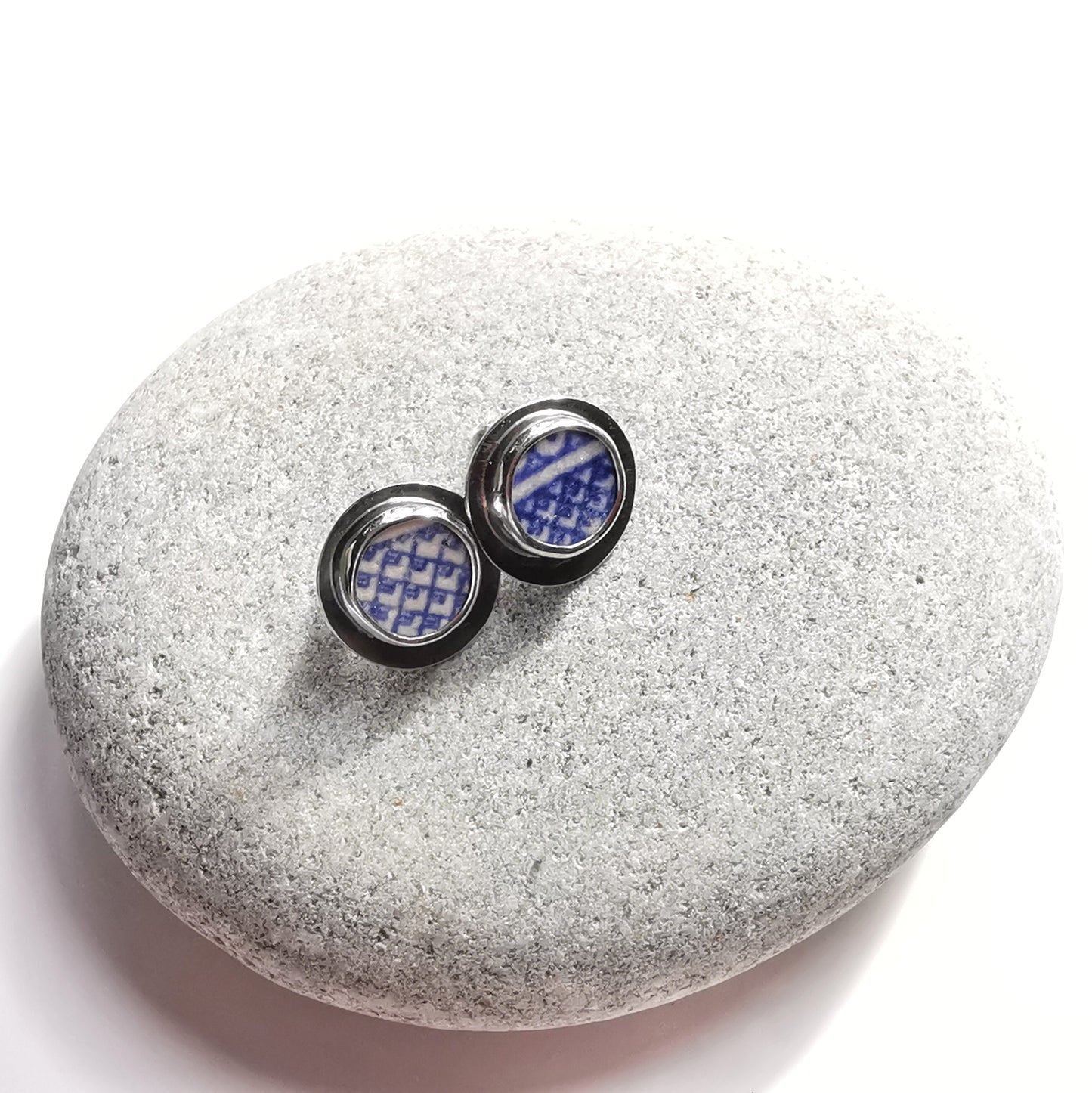 Scottish blue willow sea pottery & sterling silver stud earrings.