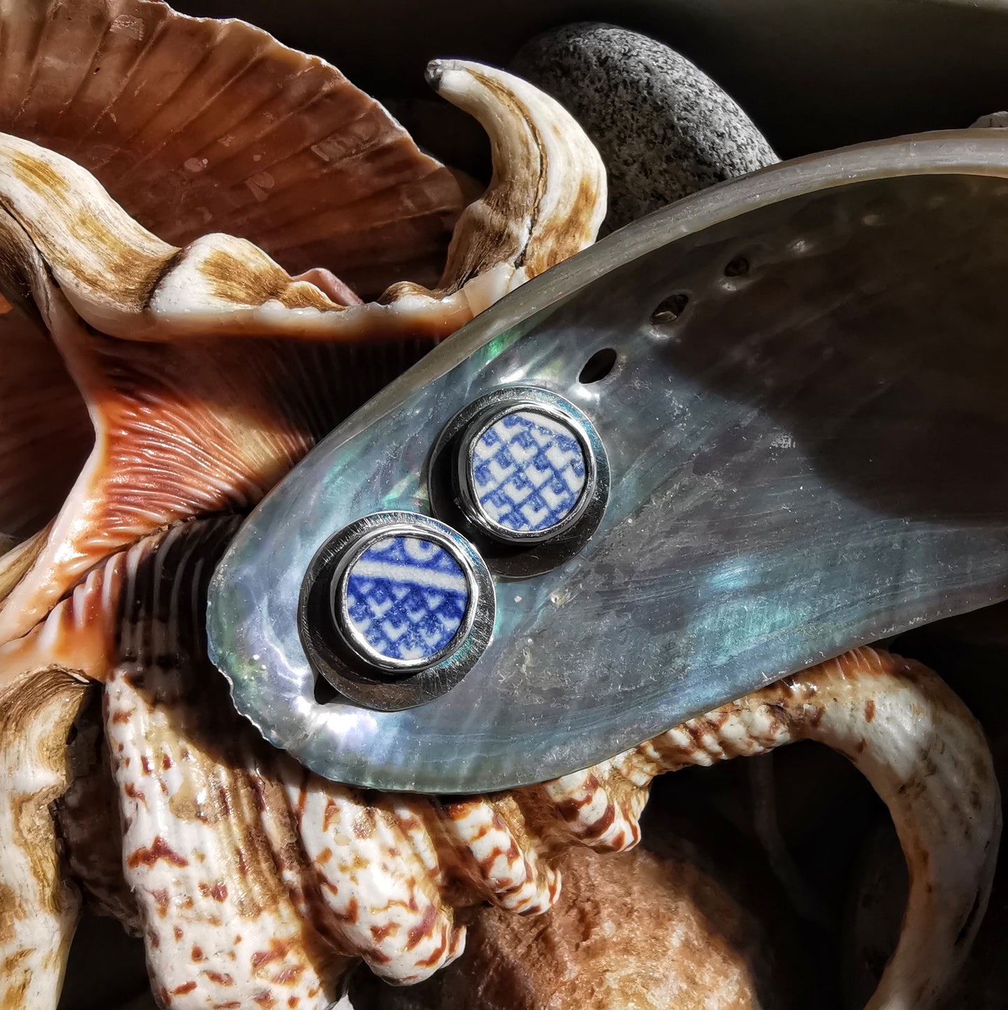 Scottish blue willow sea pottery & sterling silver stud earrings.