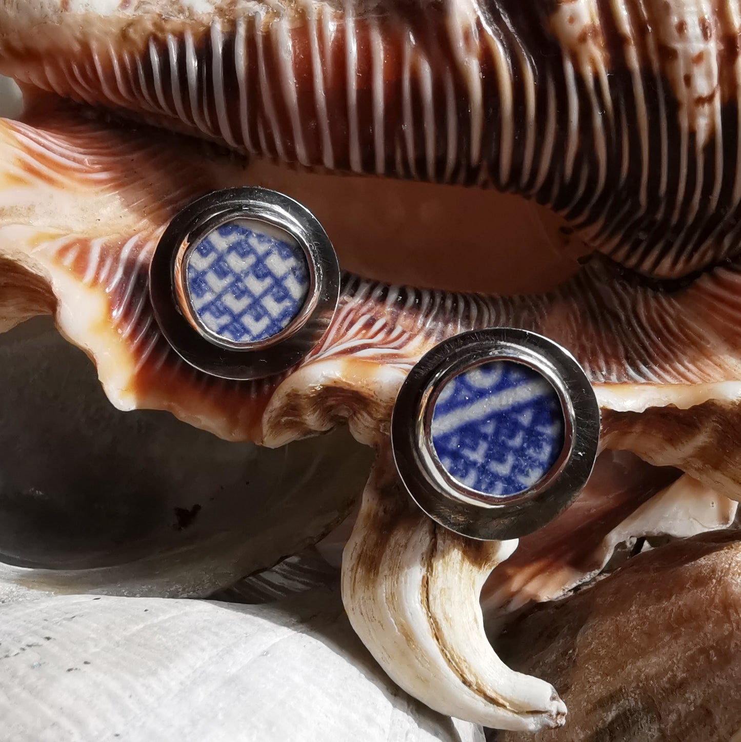Scottish blue willow sea pottery & sterling silver stud earrings.