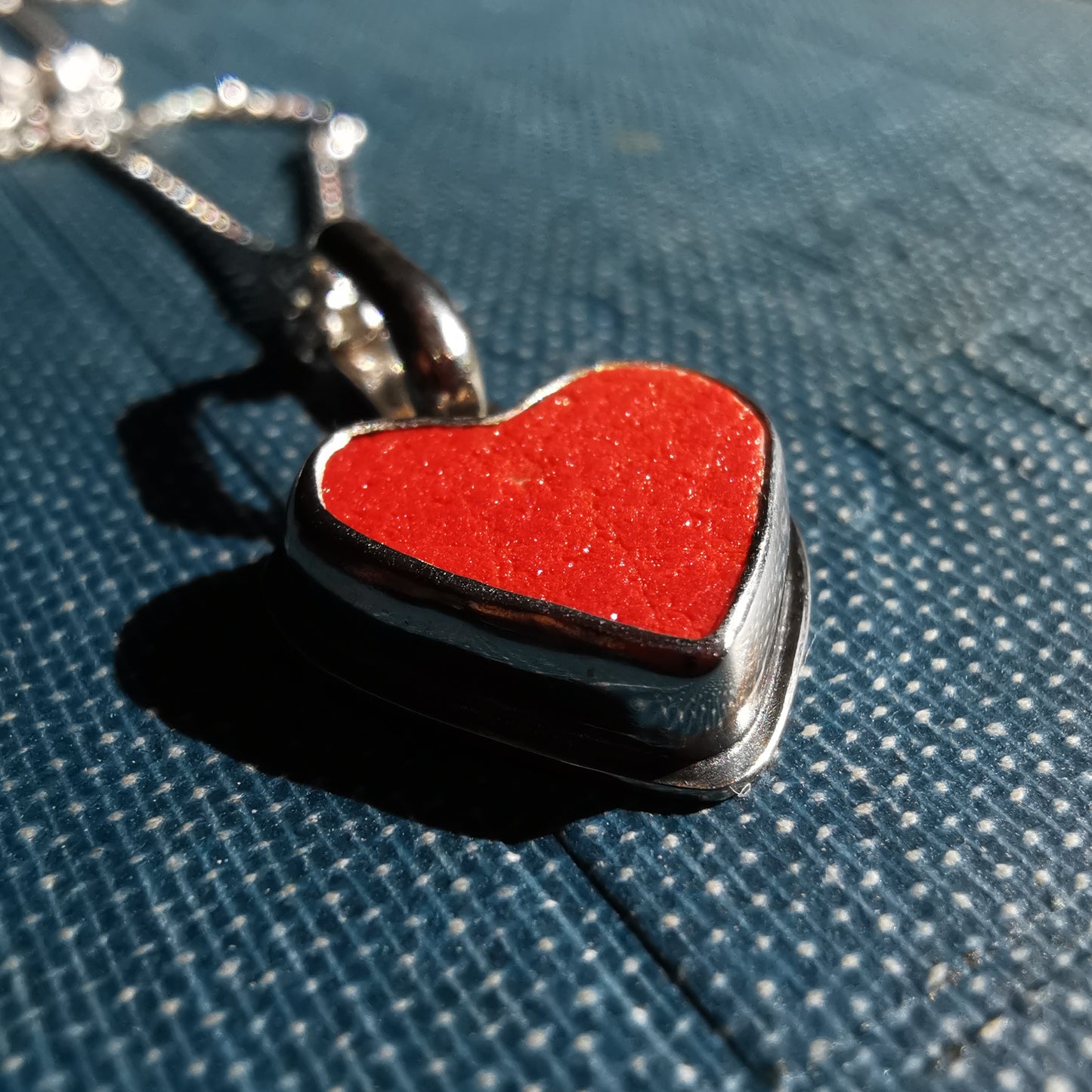 Scottish orange sea pottery & sterling silver heart pendant.