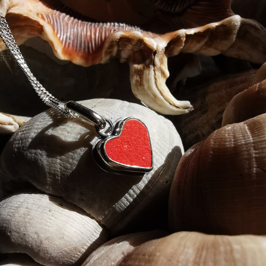 Scottish orange sea pottery & sterling silver heart pendant.