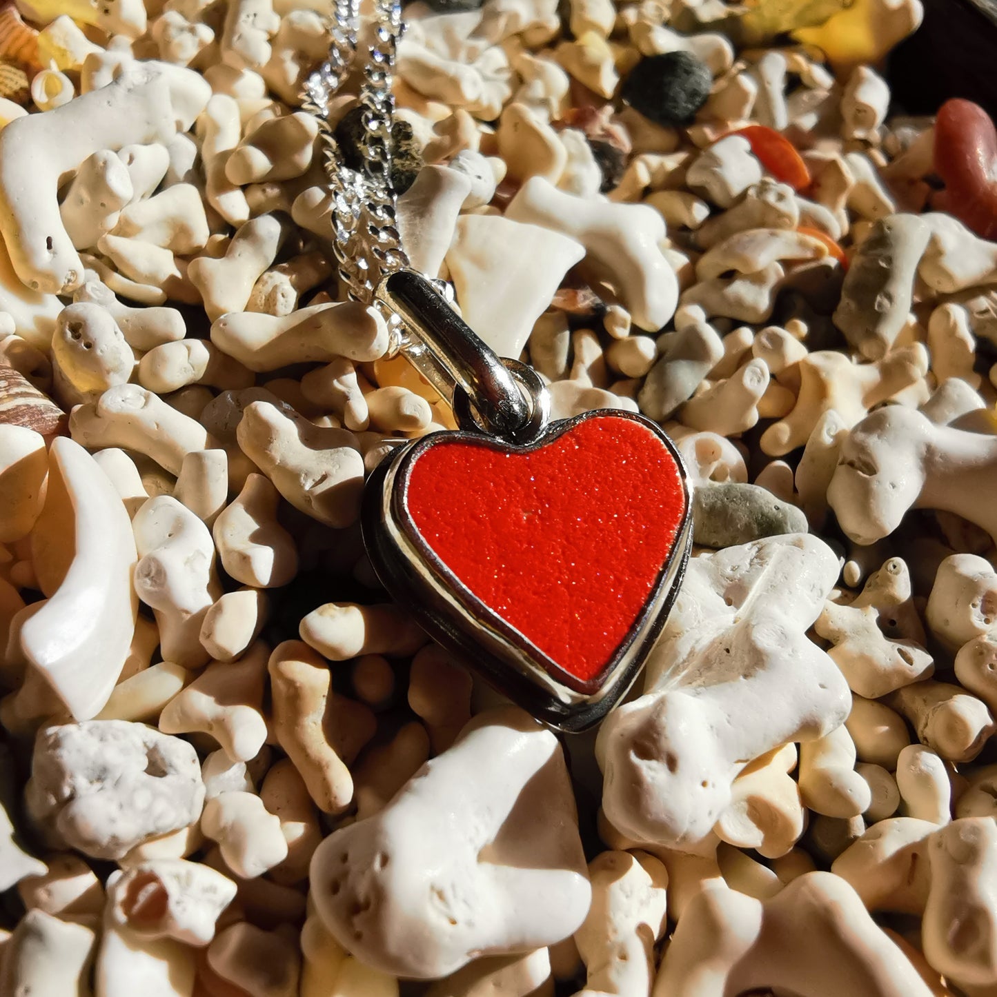 Scottish orange sea pottery & sterling silver heart pendant.