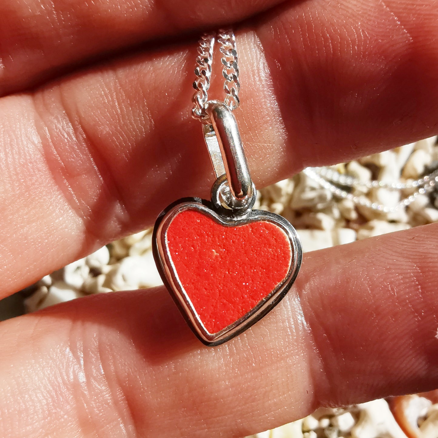 Scottish orange sea pottery & sterling silver heart pendant.