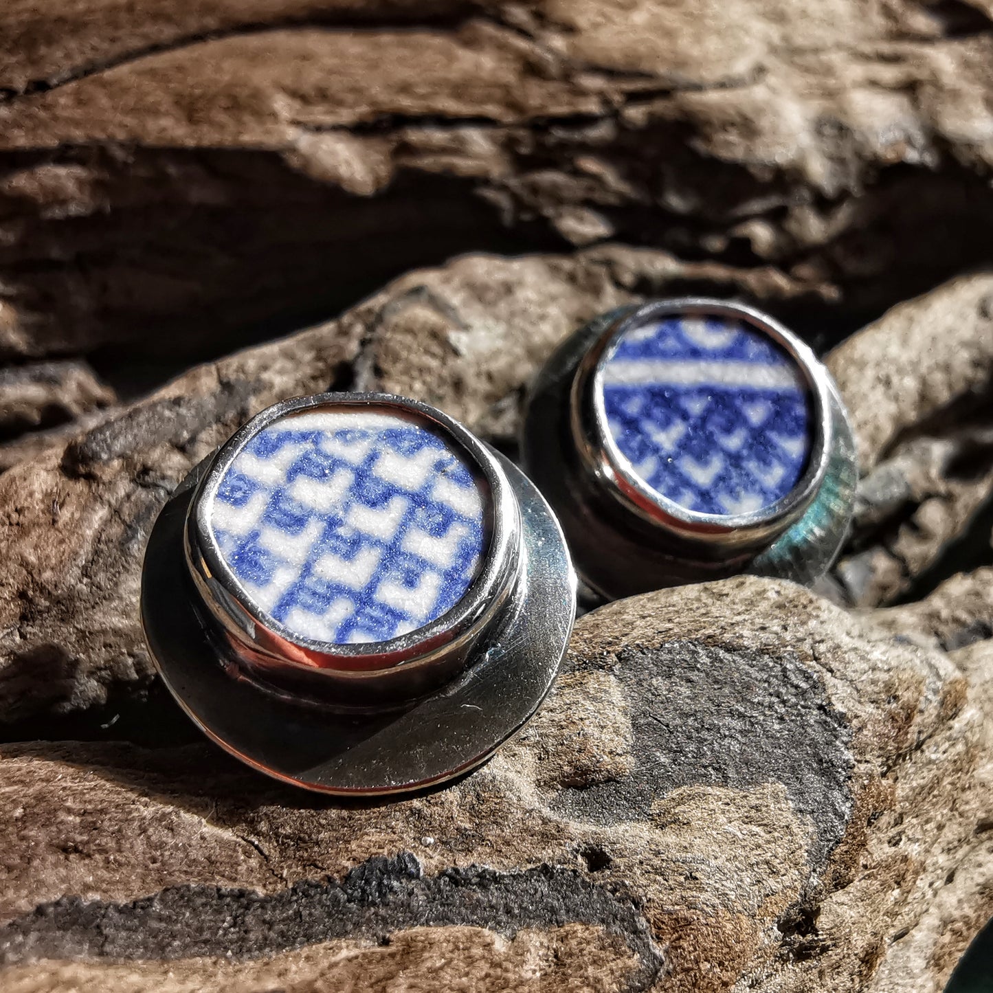 Scottish blue willow sea pottery & sterling silver stud earrings.