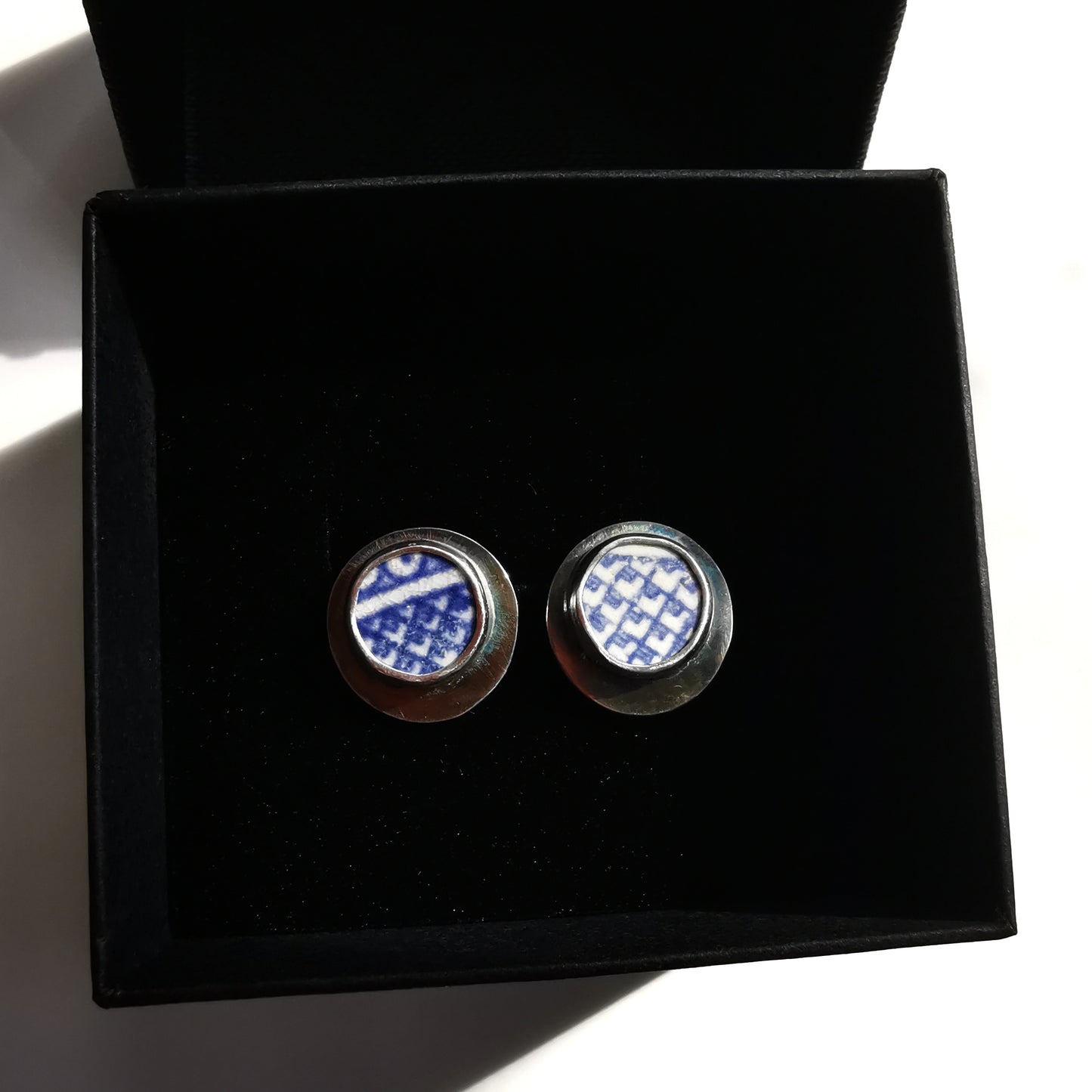 Scottish blue willow sea pottery & sterling silver stud earrings.