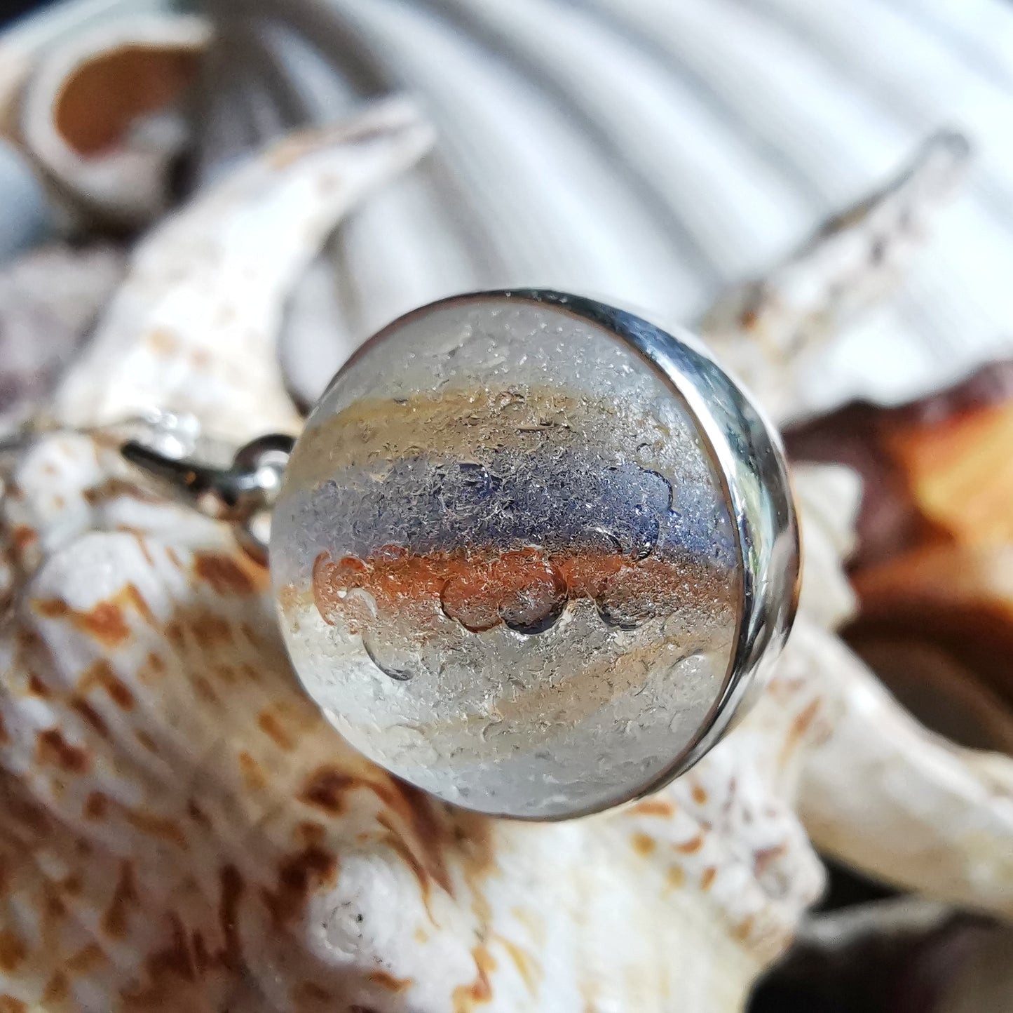 Scottish orange and blue sea glass marble & sterling silver pendant.