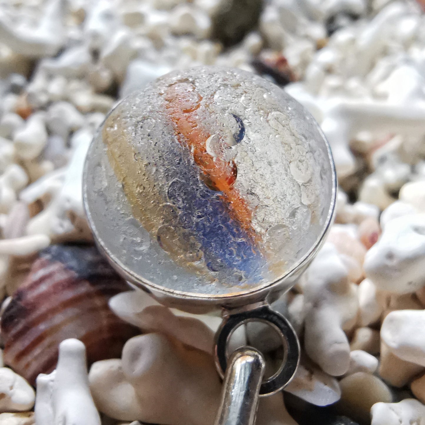 Scottish orange and blue sea glass marble & sterling silver pendant.