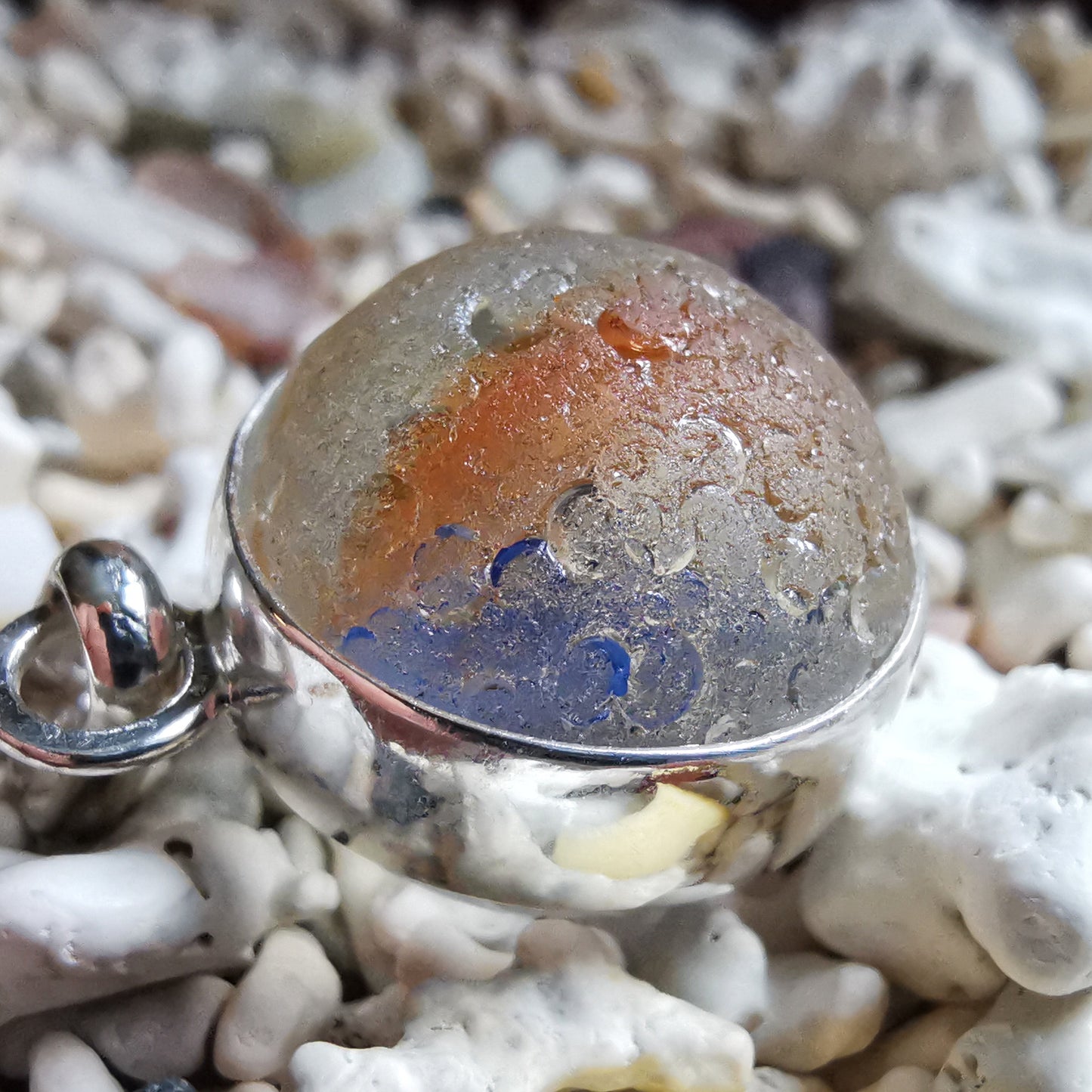 Scottish orange and blue sea glass marble & sterling silver pendant.