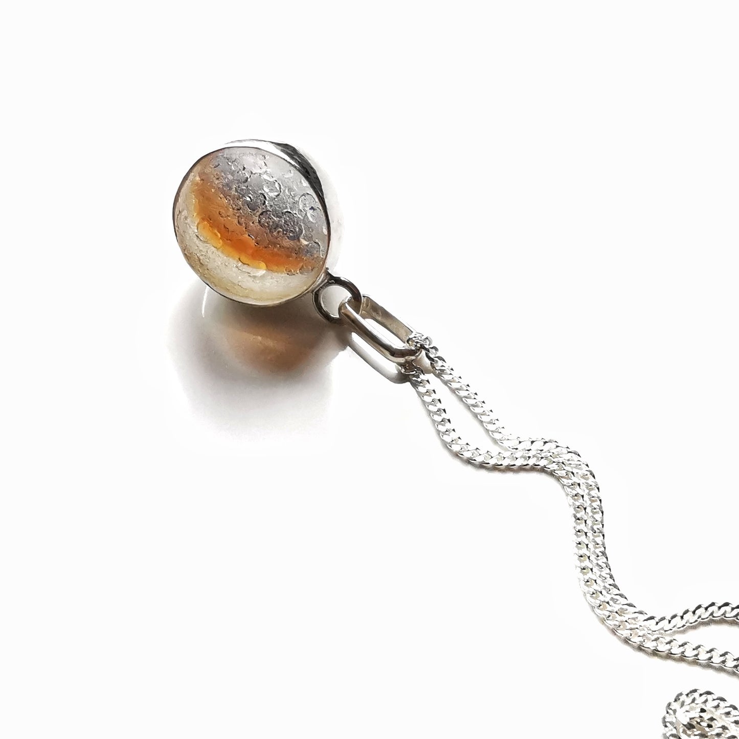 Scottish orange and blue sea glass marble & sterling silver pendant.