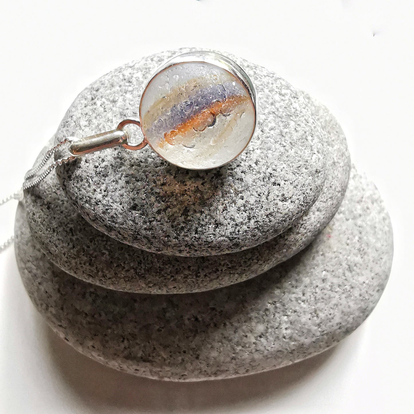 Scottish orange and blue sea glass marble & sterling silver pendant.