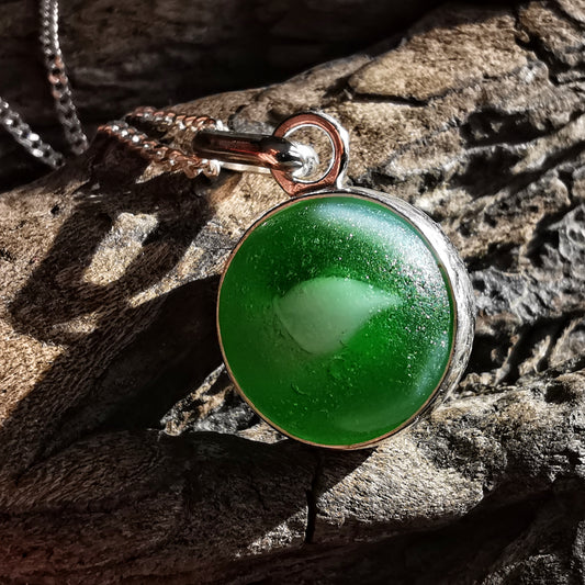 Scottish green sea glass marble & sterling silver pendant.